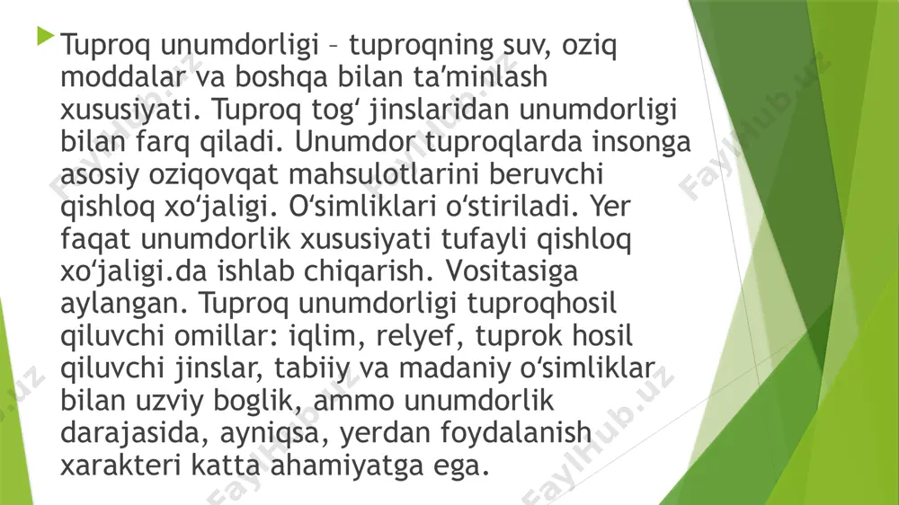 nat faoliyati bilan, yaʼni yerga ishlov berish, sugʻorish, oʻgʻitlash, shoʻrini yuvish kabi agrokompleks tadbirlar bilan boshqaradi (qarang melioratsiya). sunʼiy yoʻl bilan qumlik, toshloq, botqoqlik kabi unumsiz yerlarda unumdor tuproklar paydo qilish mumkin. tabiiy unumdor tuproklar baʼzan kam samaraga ega boʻlishi mumkin va aksincha yuqori agrotexnika tadbirlarini qoʻllash natijasida unumsiz tuproqlarda yuqori unumdorlikka erishish mumkin. tuprokdagi oziq moddalar miqdori (azot, fosfor, kaliy, kaltsiy, magniy, oltingugurt, temir, bor, marganets va boshqa mikroelementlar) tuprok, hosil qiluvchi jinslar va uning tagidagi yotqizikdar (tagzamini) tarkibiga hamda tuproq hosil qiluvchi jarayonlarga bogʻliq. oʻsimliklarning mikroelementlarni oʻzlashtirishiga tuproq reaksiyasi katta taʼsir koʻrsatadi (qarang tuprok, nordonligi). tuprokdagi oziq moddalar zaxirasi mineral va organik oʻgʻitlar solish bilan boshkarib turiladi. tuprokda suvda oson eruvchi tuzlar, asosan, natriy, shuningdek, magniy, kaltsiy va boshqa kationlarining ortiqcha miqdorda boʻlmasligi unumdorlikning muhim shartidir. tuproqda tuzlar miqdorining meʼyordan oshib ketishi — tuproqning shoʻrlanishi, asosan, notoʻgʻri sugʻorishdan vujudga keladi, natijada unumdorlik keskin pasayib ketadi. tuproq qatlamidagi zararli …