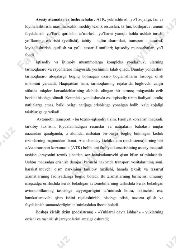 adga erishishda kerak boladigan avtomobillarning tashishda kerak boladigan avtomobillarning tashishga tayyorgarligini ta’minlash bolsa, ikkinchisi esa, harakatlanuvchi qism ishini rejalashtirish, hisobga olish, nazorat qilish va foydalanish samaradorligini ta’minlashdan iborat boladi. boshqa kichik tizim (podsistema) - «yuklarni qayta ishlash» - yuklarning ortishi va tushirilish jarayonlarini amalga oshiradi; bu podsistemaning faoliyati samaradorligi asosan yuklash-tushirish vositalarining soni, joylanishi va texnikaviy saviyasiga bogliq boladi. avtomobil transporti alohida tizim sifatida barcha kichik tizimlar (podsistemalar) maqsadlarining yagonaligi, ya’ni xalq xojaligini tashishga bolgan talablarini qondirish bilan tavsiflanadi. avtomobil transportining umumlashtiruvchi xarakteristikasi uncha tegishli bolgan barcha kichik tizimlar (podsistemalar) ishini, ularning ozaro boglanishlarini, hamda ularning faoliyat korsatuvchi imkoniyatlarni hisobga oluvchi korsatkich-uning ishining ishonchligi hisoblanadi. avtomobil transporti ishining ishonchliligi tushunchasi oz ichiga xalq xojaligining transporti bolgan talablarini belgilangan muddatlar va tasarruf korsatkichlari miqyosida va belgilangan vaqt oraligida qondirishdan iborat. тashish ishonchliligining miqdoriy xarakteristkasi bolib, belgilangan hajmdagi yukni belgilangan vaqt mobaynida tashib, ya’ni yetkazib berish tushuniladi. shu sababli, avtomobil transporti faoliyatini …