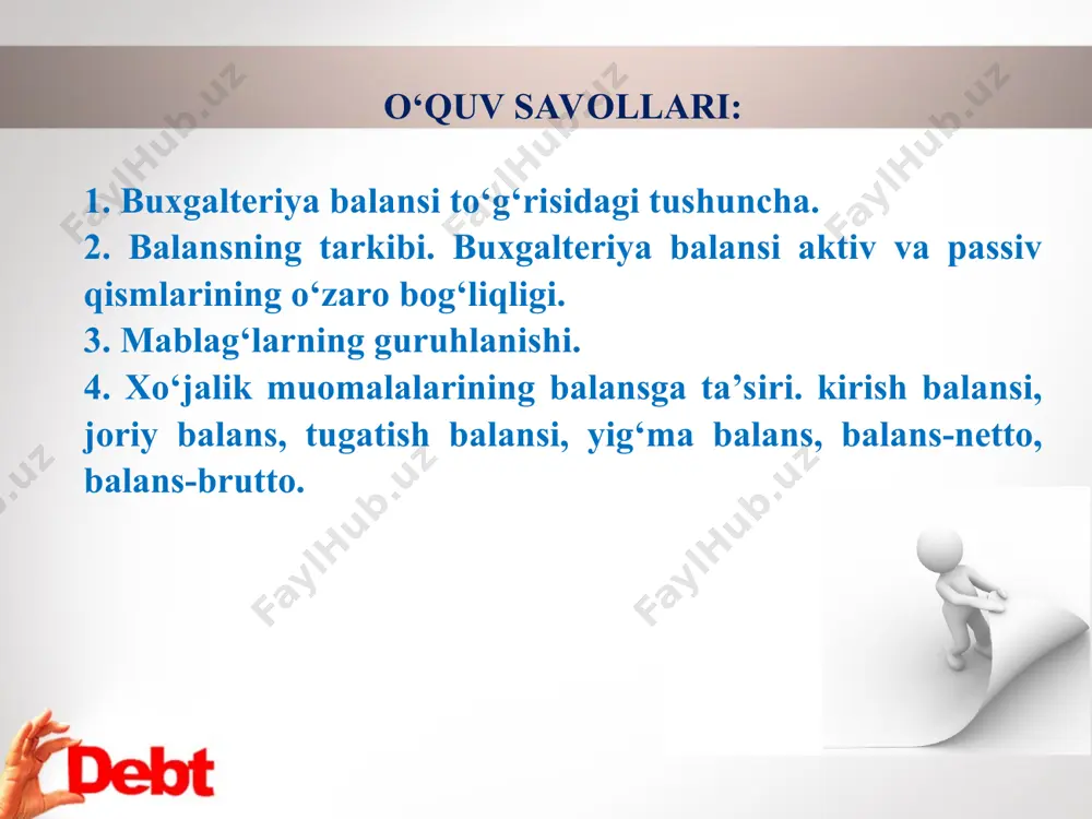 ii - bo‘lim «majburiyatlar» deb nomlanib, quyidagilar kiradi: bankdan olingan kreditlar, bankdan tashqari korxonalardan olingan qarzlar, olingan avanslar va kreditorlik majburiyatlari. balans ikki qismdan iborat bo‘lib aktiv passiv xo‘jalik mablag‘lari xo‘jalik mablag‘larining manbalari balans ikkala qismining jami summalari teng bo‘lishi shart. bu tenglik aktivda xo‘jalik mablag‘lari, passivda esa shu mablag‘larning manbalari aks ettirilishi bilan izohlanadi. dastlabki balans, hisobot balansi, tugatish balansi kabi turlari esa uning korxona faoliyatining qay holatida tuzilayotganligini bildiradi. boshlang‘ich, hisobot va tugatish balaslari to‘g‘risida tushuncha. dastlabki balans korxonaning tashkil topayotgan vaqtida tuziladi. hisobot balansi esa korxona faoliyati davomida tuziladi. tugatish balansi esa korxona, tashkilot, muassasaning tugatilayotgan muddatdagi xo‘jalik mablag‘lari va ularning manbalari qay holatda ekanligi haqida ma’lumot beradi. balansdagi ma’lumot quyidagicha yig‘ilgan bo‘ladi. har bir jarayon ro‘y berishi natijasida xo‘jalik mablag‘lari va ularning manbalari miqdoriy va tarkibiy jihatdan o‘zgarib boradi. buxgalteriya balansining ma’lumot olishdagi ahamiyati. bu holat dastlabki hujjatlarda aks ettirilib, so‘ngra buxgalteriyada sintetik hisob yuritiladi va …