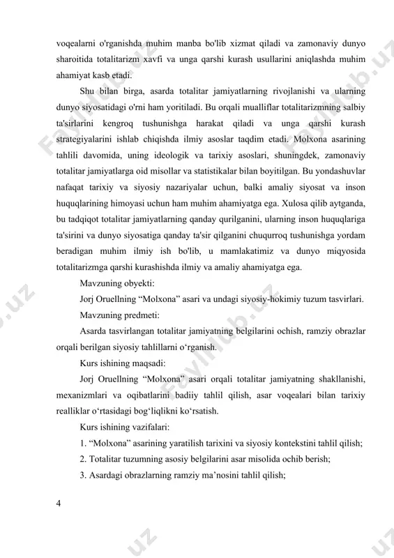 , u insonlarning harakatlarini, fikrlari va xohishlarini nazorat qilishga intiladi. bu nazorat davlat tomonidan amalga oshiriladi va uning asosiy maqsadi hokimiyatni mustahkamlash, shaxsiy erkinliklarni cheklash va insonlarning ongini boshqarishdir. asarda totalitarizmda hukumat va davlat xavfsizligini ta’minlash uchun inson huquqlari va erkinliklarning buzilishi, shuningdek, shaxs va jamiyat o‘rtasidagi muvozanatning buzilishi keng yoritiladi. molxona asarida totalitar jamiyatlarda hukumatning qanday qilib shaxsiy hayotni, fikr va harakatlarni nazorat qilishi, ijtimoiy qatlamlar va harakatlarning qanday cheklanishi haqida ham ma’lumot beriladi. bu nazorat mexanizmlari, asosan, propaganda, terror, krossiy va boshqa usullar yordamida amalga oshiriladi. asarda totalitarizmning rivojlanish bosqichlari ham tahlil qilinadi, ular qanday qilib yangi siyosiy tizim sifatida paydo bo‘lishi va keng tarqalishi haqida umumiy ko‘rinish beriladi. molxona asarida totalitar jamiyatlarning tarixiy rivojlanishi, ularning dunyo bo‘ylab tarqalishi va o‘ziga xosligini aniqlash uchun muhim bo‘lgan terminlar kiritilgan. bu terminlar orasida totalitarizm, hukumat, erkinlik, nazorat, inson huquqlari kabi tushunchalar muhim o‘rin tutadi va ularning real hayotdagi misollari bilan …
