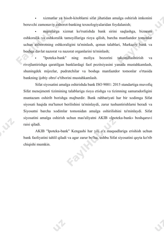 olib boriladigan va bankning quyidagi yo'nalishlar bo'yicha maqsadlariga erishilishini asosli va etarli darajada tasdiqlash uchun xatarlarni boshqarish, boshqarish va korporativ boshqaruv jarayonlarining samaradorligini oshirishga qaratilgan doimiy ravishda olib boriladigan jarayon^ · faoliyat samaradorligi, shu jumladan operatsiya, foyda olish, aktivlar va depozitlarni himoya qilish samaradorligi darajasi; · moliyaviy hisobotlarning ishonchliligi va ishonchliligi; · bank faoliyatini tartibga soluvchi qonun hujjatlari va huquqiy normalarga rioya qilish. 4. ichki nazorat tizimi - bu bank tomonidan taftish komissiyasi, kuzatuv kengashi, ichki audit xizmati, ijroiya organi, bank tavakkalchiligini boshqarish va ichki nazorat bo'linmalari tomonidan tashkil etilgan va amalga oshiriladigan ichki hujjatlar bilan tartibga solinadigan tashkiliy tuzilma, nazorat choralari, ichki nazoratning tartib va usullari. shuningdek barcha darajadagi boshqa xodimlar tomonidan (bundan buyon matnda ichki nazorat sub'ektlari deb yuritiladi) va barcha funktsiyalar uchun. taftish komissiyasi va ichki audit xizmati bankning asosiy ichki nazorat organlari hisoblanadi. bankning ichki nazorat organi ichki nazorat birligi (jinoyatlardan olingan daromadlarni legallashtirishga qarshi ichki …