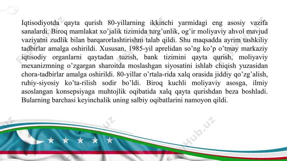 anday yutuqlarga erishayotganimizni bugun har qadamda ko‘rish mumkin. © copyright presentationgo.com – the free powerpoint template library 6 yana bir tarixiy yutug‘imiz – diyorimizda bozor iqtisodiyoti asoslari yaratilib, yangicha iqtisodiy munosabatlar mexanizmlari joriy etildi, tegishli infratuzilma institutlari tashkil etildi, bugungi talablarga javob beradigan mutlaqo yangi moliya va ikki bosqichli zamonaviy bank tizimlari shakllantirilib, iqtisodiyotimizning barcha soha va tarmoqlarida chuqur islohotlar amalga oshirildi. mustaqillik yillarida yurtimizda mulkiy munosabatlar sohasida ham tub o‘zgarishlar ro‘y berdi. mamlakatimizda amalda ko‘p ukladli iqtisodiyot shakllanib, uning tarkibida xususiy mulk ustuvor rivojlanish imkoniyatiga ega bo‘ldi. kichik biznes va xususiy tadbirkorlik iqtisodiyotimizda nafaqat hal qiluvchi o‘rin egalladi, balki bozorlarimizni zarur tovar va xizmatlar bilan to‘ldirish, odamlarning daromadi va farovonligini yuksaltirishning asosiy manbai, aholi bandligini oshirishning eng muhim omiliga aylandi. yurtimizda yoqilg‘i-energetika va g‘alla mustaqilligiga erishishdek muhim strategik maqsadga erishildi. mamlakatimizning boy mineral-xomashyo va qishloq xo‘jaligi resurslarini chuqur qayta ishlashga qaratilgan eng zamonaviy texnologiyalarni jalb etgan holda, korxonalarni modernizatsiya …