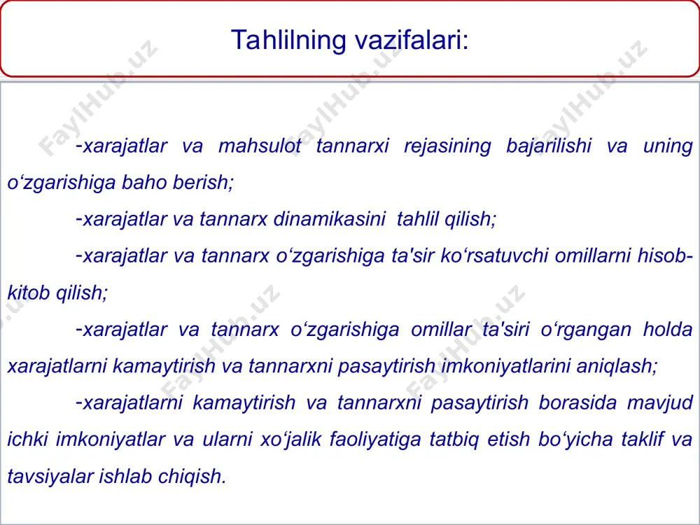 risida”gi nizomga muvofiq: 1. mahsulot (ishlar, xizmatlar) ishlab chiqarish tannarxiga kiritiladigan xarajatlar b) bevosita va bilvosita mehnat xarajatlari a) bevosita va bilvosita moddiy xarajatlar v) boshqa bevosita va bilvosita xarajatlar, shu jumladan ishlab chiqarish xususiyatiga ega bo‘lgan ustama xarajatlar * “mahsulot (ish, xizmat)larni ishlab chiqarish va sotish xarajatlari tarkibi hamda moliyaviy natijalarni shakllantirish to‘g‘risida”gi nizomga muvofiq: 2. ishlab chiqarish tannarxiga kiritilmaydigan, biroq asosiy faoliyatdan olingan foydada hisobga olinadigan hamda davr xarajatlariga kiritiladigan xarajatlar: b) boshqarish xarajatlari (ma’muriy sarf-xarajatlar) a) sotish xarajatlari v) boshqa operatsion xarajatlar va zararlar * 4. favqulodda zararlar, u foydadan olinadigan soliq to‘langunga qadar foyda yoki zararlarni hisoblab chiqishda hisobga olinadi. v) qimmatli qog‘ozlarga qo‘yilgan mablag‘larni qayta baholash 3. xo‘jalik yurituvchi subyektning umumxo‘jalik faoliyatidan olingan foyda yoki zararlarni hisoblab chiqishda hisobga olinadigan xo‘jalik yurituvchi subyektning moliyaviy faoliyati bo‘yicha xarajatlari: b) xorijiy valyuta bilan operatsiya bo‘yicha salbiy kurs tafovutlari a) foizlar bo‘yicha xarajatlar g) moliyaviy faoliyat bo‘yicha boshqa …