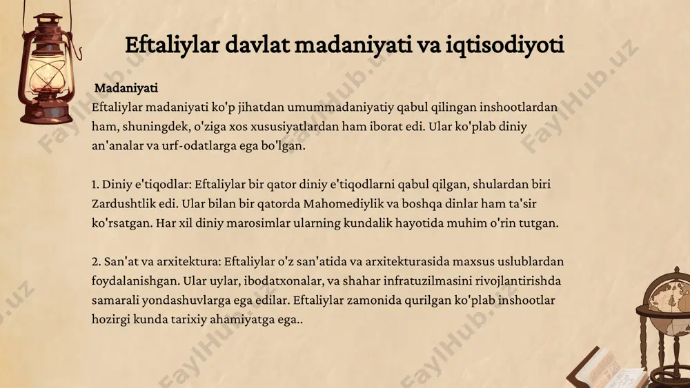 da, ularning mustaqilligi to'liq yo'qoldi. xulosa har bir davlat o`z tarixiga egadir. tarixsiz esa kelajak yo`q. shuning uchun ham tarix o`rganiladi, tarixdan qilingan xatolar takrorlanmasligi uchun ham chuqur tahlil qilinadi. aynan eftaliylar davlatida ham rang baranglikni ko`rish mumkin. boshida hatto davlat savdo-sotiq uchun ham ko`p narsalarga e`tibor qaratgan har tomonlama tekshirgan bu esa iqtisodiy barqarotlikka olib keladi. biz ilg`amaydigan ayrim joylarni ilg`ash bizga foydaga ishlasa, ilg`amaslik zarar bo`lishi mumkin. davlat boshqaruvida ham har bir narsa e`tibor markazimizda bo`lishi kerak. e`tiboringiz uchun rahmat! image1.jpeg image2.png image3.png image4.png image5.png /docprops/thumbnail.jpeg