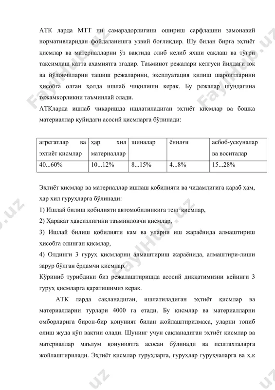 рати меъёрида (-10(с( ( t ( (20(c оралиғида) бўлиши керак, тез ёнадиган материаллар бўёқлар, лаклар, эритгичлар махсус ёнғинга чидамли қурилмаларда сақланиши зарур. кислоталар солинган шиша идишлар, юмшоқ идишларда, алоҳида хоналарда сақланиши керак. эҳтиёт қисмлар ва материалларни меъёр бўйича режалаш. эҳтиёт қисмлар ва агрегатларнинг бузилмасдан ишлаши автомобилларнинг ишлаш шароитига боғлиқ бўлиб, атк да уларнинг ишлаш даврларини ҳисобга олиб борилади. бу йиғилган маълумотни чуқур таҳлил қилиш асосида кейинги йилга керакли эҳтиёт қисмлар ва материалларни ҳажми режалаштирилади. бу қийин ва оғир жараёндир. чунки режалаштиришда олдинги йилда сарфланган материаллар ва эҳтиёт қисмларни ҳажми ҳисобга олиниши билан бирга,омборлардаги бор моддий қисмлар эътибордан четда қолмаслиги керак. эҳтиёт қисмлар сарфини режалашда икки хил усулдан фойдаланилади: - ҳисоб - китоб усули, - тажрибалар йўлидан фойдаланиш усули. эҳтиёт қисмларнинг сарфи, ҳар 100 автомобилга меъёрланган бўлиб, у қуйидаги тенглама асосида ҳисобланади: 100 ( n ( ( la - lp ) n ( (((((((((( , дона ta ( lао бу ерда: …