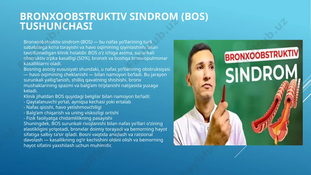 sifatini va jismoniy chidamliligini o‘lchash. radyologik va laborator tekshiruvlar – kerak bo‘lganda o‘pka rentgenogrammasi yoki ct skanerlash, shuningdek, kislorod darajasi va qon gazlarini o‘lchash. bosni baholash mezonlari dorilarni tanlash va davolash strategiyasini ishlab chiqishda asosiy vosita bo‘lib xizmat qiladi. davolash tamoyillari bronxoobstruktiv sindrom (bos)ni davolashning asosiy maqsadi — nafas yo‘llarining torayishini kamaytirish, simptomlarni yengillashtirish va bemorning hayot sifatini yaxshilashdir. bosni davolashda individual yondashuv muhim bo‘lib, bemorning yoshiga, kasallik darajasiga va qo‘shimcha patologiyalariga qarab davolash rejasi belgilanadi. davolash tamoyillari bir necha asosiy yo‘nalishlarni o‘z ichiga oladi. birinchidan, surunkali va surunkasiz davolashni ajratish zarur. surunkasiz (akut) bosda tezkor simptomlarni yengillashtirishga qaratilgan dorilar qo‘llanadi, surunkali bosda esa uzoq muddatli bronxlarni kengaytiruvchi va yallig‘lanishni kamaytiruvchi terapiya asosiy hisoblanadi. ikkinchidan, simptomatik davolash muhimdir. bronxodilatatorlar yordamida nafas yo‘llari kengaytiriladi, mukolitik va ekspektorant dorilar balg‘amni kamaytirib, chiqarishni osonlashtiradi. uchinchidan, kasallikni o‘zgartiruvchi terapiya orqali inhalyatsion glikokortikoidlar va boshqa yallig‘lanishga qarshi preparatlar bronx shilliq qavatidagi surunkali yallig‘lanishni kamaytiradi. shuningdek, …