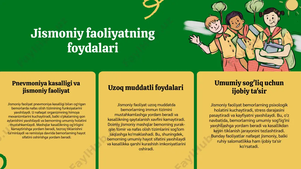 bu jarayonda muhim o'rin tutadi, chunki u bemorlarni kuch-quvvat bilan ta'minlaydi va tiklanish jarayonini tezlashtiradi. foydalaniladigan mashqlar orasida nafas olish va kuch mashqlari mavjud bo'lib, ular bemorning umumiy holatini yaxshilaydi. har bir bemor uchun individual yondashuv zarur, chunki har birining holati va imkoniyatlari farq qiladi. shuningdek, jismoniy faoliyat, pnevmoniya davolashida ahamiyatga ega bo'lib, bemorning tezkor tiklanishiga yordam beradi. photo by jeswin thomas on unsplash jismoniy tarbiyaning pnevmoniya holatidagi ahamiyati pnevmoniya - bu o'pka to'qimalarining yallig'lanishi bo'lib, uning belgilari ko'krak qafasida og'riq, nafas olishda qiyinchilik, yo'tal va isitma kabi simptomlardan iboratdir. bu kasallik organizmning immun tizimiga ham zarar etkazishi mumkin, shuning uchun davolashda jismoniy faoliyat muhim ahamiyatga ega. jismoniy faoliyat nafas olish funktsiyalarini yaxshilash, qon aylanishini kuchaytirish va umumiy sog'liqni yaxshilashga yordam beradi. jismoniy tarbiya pnevmoniya davolanishida muhim o'rin tutadi, chunki u bemorning mushaklarini kuchaytiradi, energiya darajasini oshiradi va ruhiy holatini yaxshilaydi. kasallik jarayonida jismoniy faoliyatni oshirish uchun quyidagi strategiyalarni qo'llash …