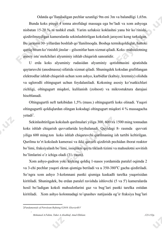 kaskadli tarelka yuqorisidan kiritiladi. shuningdek, bu erdan paralel ravishda ishlovchi (5 va 5') kameralarda hosil bo’ladigan koksli mahsulotlarini gaz va bug’lari pastki tarelka ostidan kiritiladi. xom ashyo kolonnadagi to’qnashuv natijasida og’ir fraksiya bug’lari kondenstatciyalanadi va xom ashyo bilan aralashadi. bunga ko’ra kolonna pastida resirkulyat yoki ikkilamchi xom ashyo hosil bo’ladi. ikkilamchi xom ashyo 9-kolonnadan 6-nasos yordamida 2 va 3-chi pechlarga qaytariladi va 490-5100c gacha qizdiriladi. pech quvurlarida koks hosil bo’lishi oldini olish maqsadida yuqori ekran qismiga ~3% gacha turbulizator deb ataluvchi jihozga qizdirilgan suv bug’i beriladi. suv bug’i berilishi hisobidan oqimni zmeevikning reaktsion qismidan o’tish tezlashadi. qizdirilgan ortiqcha bug’dan 10 va 11-chi bug’latish kolonnalarida ishlatish mumkin. bug’ holdagi aralashma pechlaridan so’ng paralel oqimda to’rt yo’lli 7jo’mraklar orqali ikki teng ishlovchi 5-kameraga kiritiladi. bu vaqtda qolgan ikki kamera (5’) ishchi davriy siklga tayyorlanadi. qaynoq xom ashyo kameralar pastidan beriladi va asta-sekinlik bilan to’lib boradi. hajmi ancha katta ichki diameri 4,6-5,5m va …