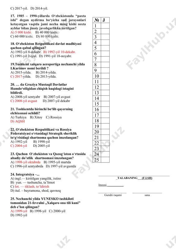 14-sentyabr. d) 1995-yil 8-dekabr. 11. nukus davlat pedagogika intitutiga quyidagi qaysi alloma nomi berilgan? a) berdaq. b) ollayor do‘stnazarov. c) charjau obidov. d) ajiniyoz. 12. o‘zbekiston respublikasi qaysi tashkilotga a’zo emas? a) yevropa ittifoqiga. b) yunesko ga. c) xalqaro valyuta fondiga. d) jahon bankiga. 13. o‘zbekiston respubikasi prezidenti sh.m.mirziyoyev qachon bmt bosh assambleyasining 75-sessiyasida qachon o‘zbek tilida nutq so‘zlagan edi? a) 2020-yil 23-sentyabrda. b) 2016-yil 15-sentyabrda. c) 2015-yil 7-fevralda. d) 2019-yil 5-martda. 14. “harakatlar strategiyasidan — taraqqiyot strategiyasi sari” tamoyili o‘zbekiston taraqqiyotining qaysi davrlarini ko‘zda tutadi? a) 2022-2026 yillar b) 2017-2021 yillar c) 2016-2017 yillar d) 2016-2022 yillar 15. davlatning iqtisodiy hayotga aralashuvini cheklash. bozorlarning va raqobatning ochilishi, bozorning amal qilishiga qo‘yilgan turli xil cheklashlarning olib tashlanishi bu … a) investitsiya. b) liberalizatsiya. c) biznes. d) inflyatsiya. 16. shhtning ...gi toshkent sammitida hindiston va pokistonning shhtga aʼzo davlat maqomini olish yoʻlidagi majburiyatlari toʻgʻrisidagi memorandumlar imzolandi. a) 2016-yil. b) 2015-yil. c) …
