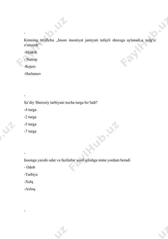 - muxammad rizo ogahiy -nodira -berdaq -mirzo ulugʻbek - tarbiya mazmunini tarbiya maqsadi orqali belgilash nima deb ataladi? -an'anaviy yondashuv -aqliy tarbiya -fuqarolik tarbiyasi -estetik tarbiya - "farzandlar tarbiyasi nihoyatda erta boshlanmogʻi shart.shundagina ularning nooʻrin xatti harakatlariga berilishining oldi olinadi "ushbu fikrlar kimga tegishli? -mirzo ulugʻbek -alisher navoiy - yusuf xos xojib -nodira - jamiyat va jamiyat kelajagi uchun yosh avlodni hayotga tayyorlash nima deb ataladi? -pedagogik tizim -birgalikdagi va ajralgan faoliyat -pedagogik jarayo - tarbiya - "kimning fikricha,ilm xunar , ilm maʼrifat inson axloqiy kamoloti, ijtimoiy ma'naviy xayotning rivoji uchun xizmat qilishi kerak.kamtarlik eskirmaydigan,eng hal,insoniy fazilatdir. - komil xorazmiy -munis xorazmiy -nodira -muxammad rizo ogahiy - "inson insoniyat jamiyati tufayli shaxsga aylanadi, u yolgʻiz oʻsmaydi" degan fikrni kim aytgan? -miller -dollard -natorp -mudrik - ijtimoylashuv omillarining pedogogik talqinini kim yoritgan? -miller -dollard -natorp - mudrik - qaysi olim ilgari surgan insonning oʻzini oʻzi qadrlash gʻoyasi bugungi kunda ham dolzarb …