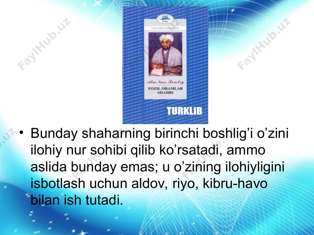 r. hokimning fazilatlari insonlarda adolat, vijdon, or – nomus, insonparvarlik, vatanparvarlik kabi ko’plab ajoyib his – tuyg’ular rivojlangan. qisqasi, insonning komil, yetuk, barkomol bo’lib yetishishida milliy qadriyatlarning ta’siri benihoya kattadir. abu nasr forobiy fikricha davlatni boshqarish ikki xil bo’ladi. insonlarni haqiqiy va hayoliy, soxta baxtga eltuvchi davlat tuzish, davlatni boshqarish san'ati va boshqarishning umumiy qonunlariga binoan nazariy bilim va talablarga asoslanadi. abu nasr forobiy din erkinligi tarafdoridir. abu nasr forobiy davlatni boshqaruvchisining zaruriy fazilatlaridan biri, mulohazali bo’lish, adolatparvar, kamtar, haqiqatgo’y va aql bilan ish ko’rishdir. abu nasr forobiy inson aqlining bilish qobiliyatlarini aniqlashga intiladi. rahbarda bilishi zarur bo’lgan qoida va axloqiy hislatlar haqida farbiy quydagilarni alohida zikr etadi.
