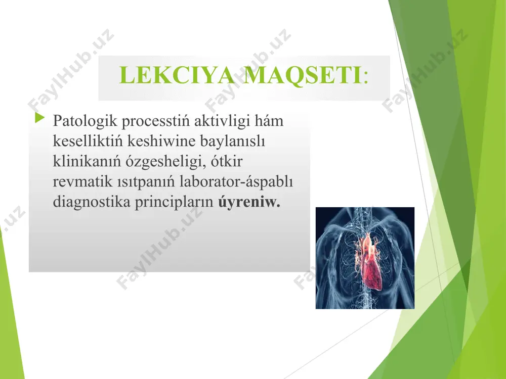 nınıń ózgeriwi júrek shegaralarınıń keńeyiwi (kóbinese shepke) júrek shoqqısında 1-tonnıń páseyiwi galop ritmi júrek shoqqısında hám 5-tochkada sistolik shawqım (valvulit haqqında maǵlıwmat beriwshi) miokardit arzıları júrek atirapındaǵı belgisiz awrıwdıń bolıwı, hálsizlik, tez sharshaw hám dem jetispewi. kórikten ótkergende teri aqshıl túste, kóz astında kógeriwler, murın hám erin cianozları. perkussiyada júrek shep tárepke yamasa hár tárepke jılısqan. auskultaciyada júrek tonı páseygen, sistolik shawqım esitiledi. shawqım kelib shıǵıw sebebi mitral klapan jetispewshiligi. miokardit diagnozın tastıyıqlaw ushın instrumental tekseriwden paydalanamız. ekg da miokarditke atrioventrikulyar ótkiziwsheńligi buzılıwı p - r intervalınıń sozılıwı kórinisinde bolıwı, qrs tisler voltajınıń páseyiwi xarakterli. endokardit revmatik process kóbinese revmatik vaskulit kórinisde júrek klapanların zıyanlaw menen ótedi. nawqaslar ushın júrek atirapında jaǵımsız sezimler, dene temperaturası kóteriliwi, júrek tez soǵıwı, bas aylanıw arzıları tán boladı. kórikten ótkergende teri aqshıl bolıwın hám moyın arteriyaları pulsaciyasın gúzetemiz. palpaciyada pulsda ózgerislerdi, taxikardiyanı anıqlaymız. auskultaciyada júrek tonı páseyiwi, sistolik shawqım esitiledi, basında jumsaq hám qısqa …