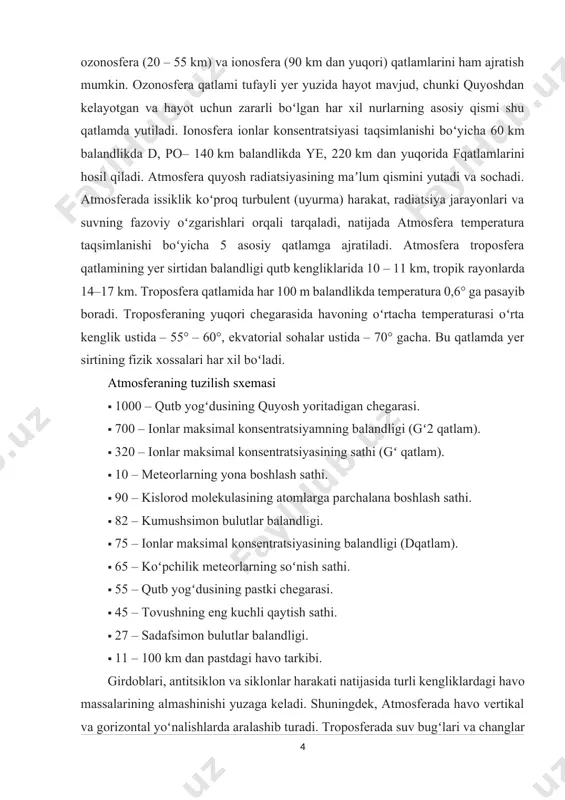 maksimal konsentratsiyasining balandligi (dqatlam). · 65 – koʻpchilik meteorlarning soʻnish sathi. · 55 – qutb yogʻdusining pastki chegarasi. · 45 – tovushning eng kuchli qaytish sathi. · 27 – sadafsimon bulutlar balandligi. · 11 – 100 km dan pastdagi havo tarkibi. girdoblari, antitsiklon va siklonlar harakati natijasida turli kengliklardagi havo massalarining almashinishi yuzaga keladi. shuningdek, atmosferada havo vertikal va gorizontal yoʻnalishlarda aralashib turadi. troposferada suv bugʻlari va changlar koʻp boʻlgani uchun tuman, bulut hosil boʻladi, yogʻin yogʻadi, momaqaldiroq va turli-tuman ob-havo hodisalari roʻy beradi. shamol tezligi har kilometr balandlikda 2 m/s orta boradi va yoʻnalishi oʻngga burila boshlaydi. tropopauza ostida shamolning eng yuqori tezligi sekundiga 15 – 20 m ga, baʼzan soatiga 500 – 600 km gacha yetadi. troposferada a yer sirti bilan ishqalanadigan qatlamning qalinligi 1,0 – 1,5 km. bu qatlamda meteorologik elementlar sutka davomida koʻp oʻzgaradi. qatlamning 50 – 100 m balandlikkacha boʻlgan pastki qismida issiqlikning turbulent oqimlari, …