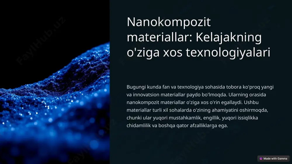rish va energiya saqlash texnologiyalarini rivojlantirishda ishlatiladi. elektronika nanokompozit materiallar elektronika qurilmalari ish faoliyatini oshirish, o'lchamlarini kamaytirish va energiya sarfini kamaytirishda ishlatiladi. tibbiyot nanokompozit materiallar tibbiy implantlarni rivojlantirish, dori vositalarini yetkazib berish tizimlarini yaratish va biokompozit materiallarni ishlab chiqarishda qo'llaniladi. * nanokompozit materiallar: ishlab chiqarish jarayoni 1 nanokompozit materiallarni ishlab chiqarishning birinchi bosqichi - bu nanozarrachalarni sintez qilish. bu jarayon turli xil usullar, masalan, kimyoviy cho'ktirish, sol-jel sintez yoki gaz fazali kondensatsiyalash orqali amalga oshiriladi. 2 keyingi bosqich - bu nanomateriallarni matritsaga qo'shish. bu ko'pincha aralashtirish, disperslash yoki qatlamlash usullaridan foydalanib amalga oshiriladi. 3 so'ngra, nanokompozit materiallarni shakllantirish va qayta ishlash jarayoni amalga oshiriladi. bu quyma, ekstruziya, quyish yoki boshqa texnologiyalardan foydalanib amalga oshirilishi mumkin. 4 oxirgi bosqich - bu nanokompozit materiallarning sifatini nazorat qilish va sinovdan o'tkazish. bu jarayon materiallarni xususiyatlari, masalan, mustahkamlik, chidamlilik va issiqlikka chidamlilikni tekshirishni o'z ichiga oladi. * nanokompozit materiallar: hozirgi holat va kelajak istiqbollari …