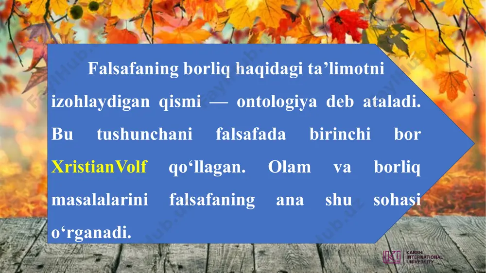 ylik yotadi , deb hisoblaydi. idealistik monizm materiyani har qanday borliqning boqiy mavjudligi, yo‘q bo‘lmasligi va birinchi asosiga ega bo‘lgan qandaydir ideal narsaning mahsuli deb hisoblaydi. - dualizm ( lot. dualis – ikki yoqlama) birinchi asos sifatida ikkita substansiya tan olingan falsafiy yondashuv. - plyuralizm ( lot. ko‘plik, ko‘p xillik, ko‘p sonli) dunyoning negizida ikkita emas, balki undan ko‘proq mohiyat borligini tan oluvchi ta'limotdir. - substrat borliqning eng quyi va asosiy qatlami sifatida tushuniladi. falsafada «substansiya» kategoriyasi «substrat» (lot. – to‘shama, negiz) tushunchasiga yaqin turadi. e’tiboringiz uchun rahmat! image1.jpg image2.png image3.jpg image4.jpg image5.jpg image6.jpg image7.png image8.jpg image9.jpg image10.jpg image11.jpg image12.jpg image13.jpg /docprops/thumbnail.jpeg