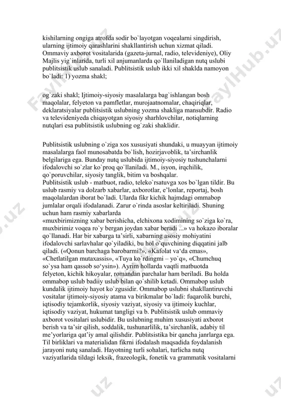 ommabop uslub kundalik ijtimoiy hayot ko`zgusidir. ommabop uslubni shakllantiruvchi vositalar ijtimoiy-siyosiy atama va birikmalar bo`ladi: fuqarolik burchi, iqtisodiy tejamkorlik, siyosiy vaziyat, siyosiy va ijtimoiy kuchlar, iqtisodiy vaziyat, hukumat tangligi va b. publitsistik uslub ommaviy axborot vositalari uslubidir. bu uslubning muhim xususiyati axborot berish va ta’sir qilish, soddalik, tushunarlilik, ta’sirchanlik, adabiy til me’yorlariga qat’iy amal qilishdir. publitsistika bir qancha janrlarga ega. til birliklari va materialidan fikrni ifodalash maqsadida foydalanish jarayoni nutq sanaladi. hayotning turli sohalari, turlicha nutq vaziyatlarida tildagi leksik, frazeologik, fonetik va grammatik vositalarni tanlash va ulardan foydalanish usullari ham har xil bo‘ladi. shunga ko‘ra, nutqning quyidagi uslublari o‘zaro farqlanadi: so‘zlashuv uslubi, rasmiy-idoraviy uslub, ilmiy uslub, publisislik uslub va badiiy uslub. rasmiy-idoraviy nutq uslubi jamiyatdagi ijtimoiy-huquqiy munosabatlar, davlat va davlatlararo rasmiy, siyosiy-iqtisodiy, madaniy aloqalar uchun xizmat qiluvchi uslubdir. bu uslub hujjatchilik xarakteri bilan ajralib turadi. shunga ko‘ra, yozma nutqning xizmatga doir bu turi davlat qonunlari, farmonlar, bayonotlar, shartnomalar, idora hujjatlari, …