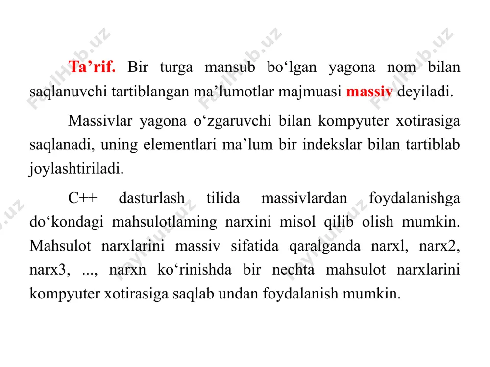 kin emas. massiv elementlari soni berilmasdan uning boshlang’ich qiymatlarini berish yo’li bilan e’lon qilish. int a[]={2, 3, -4, 5,6}; agar massiv elementlari soni berilmasa, albatta, uning boshlang’ich qiymatlari berilishi kerak. massivning elementlar soni berilmaganda dastur komplyatori massiv elementlari sonini boshlang’ich qiymatlar soni bilan aniqlaydi. misol: butun sonlardan iborat a[8] massiv berilgan uning juft elementlarini 2 ga ko‘paytirib toq elementlarini 3 ga ko’paytirib ekranga chiqaring. misol: 10 ta elementdan tashkil topgan massiv berilgan uning eng katta elementini aniqlang. ikki o’lchovli massivlar c++ dasturlash tilida ba’zi hollarda bir nechta o‘lchamlari va turi bir xil bo‘lgan bir o’lchovli massivlardan foydalanishga to‘g’ri keladi. bir nechta bir o‘lchovli massivlarni birlashtirish natijasida ikki o‘lchovli massivlarni hosil qilish mumkin. ikki o‘lchovli massivlarni tarkibida ma’lumotlar satrlarning satri ko‘rinishida tasvirlanadi. ikki o‘lchovli massivlarning tarkibi ham bir o‘lchovli massivlar kabi tartiblangan bir turga mansub bo'lishi kerak. ikki o‘lchovli massivlarga matematikadagi matritsalar misol bo‘lishi mumkin. ikki o‘lchovli massivlar tarkibidagi elementlar xuddi …