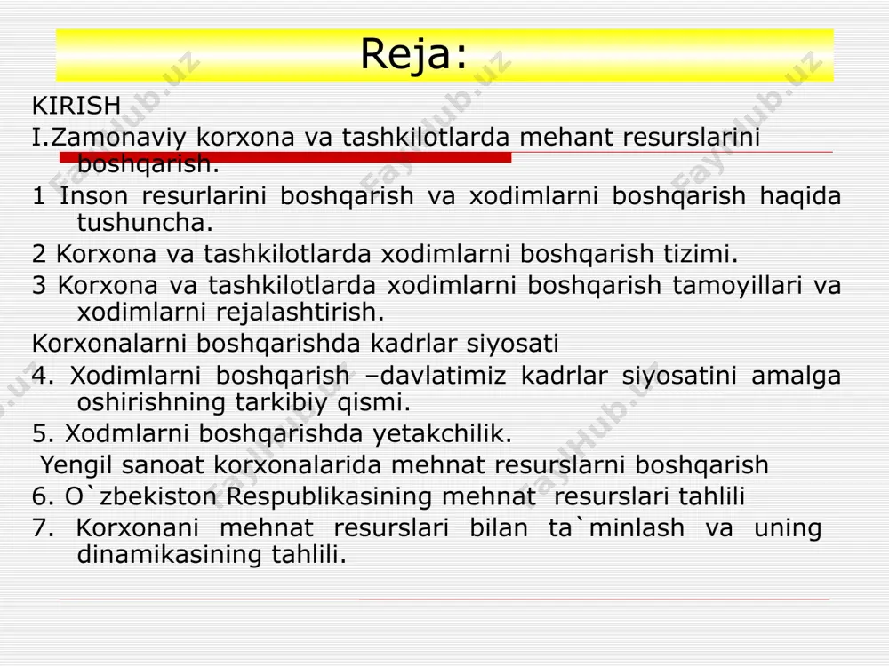 mollarni yechishga kadrlarni tanlash va joy-joyiga qo`yish mehnat motivatsiyasini boshqarish tehnika xavfsizligini nazorat qilish nizolarni hal qilish korporatsira vitse-prezidentiga образец текста второй уровень третий уровень четвертый уровень пятый уровень xodimlarni boshqarish deganda korxonada band bo`lgan kishilar salohiyatini rivojlantirish va undan samarali foydalanish, ularning normal (mo`radil) faoliyat ko`rsatish uchun zaruriy shart-sharoitlar yaratish bo`yicha o`zaro bog`langan tashkiliy-iqtisodiy ca sotsial tadbirlar tizimi tushuniladi. funksional boshqaruv deganda bevosita kadrlar masalasini yechish bilan bog`liq masalalar, yani kadrlarni tanlash,ishdan bo`shatish malakasini oshirish, ish haqi va hokazolar tushuniladi. tashkiliy boshqaruv tushunchasi kadrlar ishi uchun bevosita javob beruvchi barcha shaxs va institutlar ,yani rahbarlar , kadrlar bo`limi , kasaba uyushmalar va boshqalarni o`z ichiga oladi. korxona va tashkilotlarda xodimlarni boshqarish tizimi. xodimlarni boshqarish tizimi deganda korxonada band bo`lgan kishilar salohiyatini rivojlantirish va undan samarali foydalanish, larning normal faoliyat ko`rsatishi uchun zaruriy shart-sharoit yaratish bo`yicha o`zaro bog`langan iqtisodiy-tashkiliy va sotsial tadbirlar tizimi tushuniladi xodimlarni boshqarish tizimi ish sharoiti mehnat …