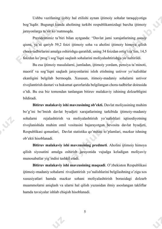 ish borasidagi dolzarb muammolarni aniqlash va ularni hal qilish yuzasidan ilmiy asoslangan takliflar hamda tavsiyalar ishlab chiqish hisoblanadi. bitiruv malakaviy ishi mavzusining vazifalari. ushbu maqsadga erishish uchun quyidagi vazifalarni belgilab olindi: -iqtisodiyotni erkinlashuvi sharoitida ijtimoiy-madaniy sohalar faoliyatini moliyalashtirishning asosiy yo’nalishlari o’rganish, ilmiy-nazariy asoslarini tadkiq qilish; -aholining rivojlanish darajasi, siyosiy, iqtisodiy va ijtimoiy maqsadlar, ularga erishish muddatlari o’rganish; -iqtisodiyotni erkinlashuvi sharoitida ijtimoiy siyosatning asosiy yo’nalishlari va ularni takomillashtirish yuzasidan aniq amaliy takliflar va tavsiyalar ishlab chiqish; -davlat va nodavlat fondlarni ijtimoiy soxalarga yo’naltirish tadbirlarini ishlab chiqish; -iqtisodiyotni erkinlashuvi sharoitida ijtimoiy siyosatning asosiy yo’nalishlari bilan bog’liq bo’lgan dolzarb muammolarni aniqlash va ularni hal qilish yuzasidan ilmiy asoslangan takliflar hamda tavsiyalar ishlab chiqish. -ijtimoiy-madaniy sohalar tizimida moliyaviy resurslardan foydalanish samaradorligini oshirish, moliyaviy tizim sohalari o’rtasida qayta taqsimlash va bosh yo’nalishga ega bo’lgan ijtimoiy-iqtisodiy rivojlantirishni barqarorlashtirish maqsadida davlat ixtiyoridagi moliya resurslarini markazlashtirishdan iborat; bitiruv malakaviy ishi mavzusining nazariy va amaliy ahamiyati. ilmiy ishda oldinga …