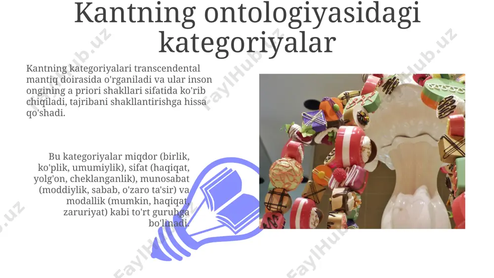 kllantirishda muhim rol oʻynaydi. toʻrtta sabab "toʻrtta sabab" nazariyasi aristotel tomonidan 4 ta asosiy kategoriyani – material, shakl, harakatlantiruvchi va maqsadni aniqlash uchun ishlatilgan. plotinus va kantning ontologiyalarida "toʻrtta sabab" toʻgʻridan-toʻgʻri qoʻllanilmasa ham, ularning kategoriya tizimlarida aristotelning bu nazariyasi izlari seziladi. plotinning ontologiyasidagi kategoriyalar plotin ontologiyasida birlamchi kategoriya sifatida "bir" (the one) tushunchasi mavjud bo'lib, undan 3 ta asosiy prinsiplar: "nu" (intellect), "jon" (soul) va "materiya" (matter) kelib chiqadi. plotin ontologiyasidagi kategoriyalar ierarxik tuzilishga ega bo'lib, ularning o'rtasidagi munosabatlar emanatsiya (chiqish) printsipi orqali tushuntiriladi, bu jarayon 1 dan ko'pga, umumdan xususiyga o'tishni ifodalaydi. transandantal analitika 01 02 kantning "transandantal analitika"si bilimning a priori shartlarini, ya'ni tajribadan mustaqil ravishda mavjud bo'lgan 12 ta toifa yoki kategoriyalarni tahlil qiladi. sales 1st qtr 2nd qtr 100 0 sales 1st qtr 2nd qtr 100 0 e'tiboringiz uchun rahmat @taqdimot_robot image4.jpg image5.jpg image6.jpg image7.jpg image8.jpg image9.jpg image10.jpg image11.jpg image12.jpg image13.jpg image14.jpg image15.jpg image1.jpeg image2.jpeg image3.jpeg
