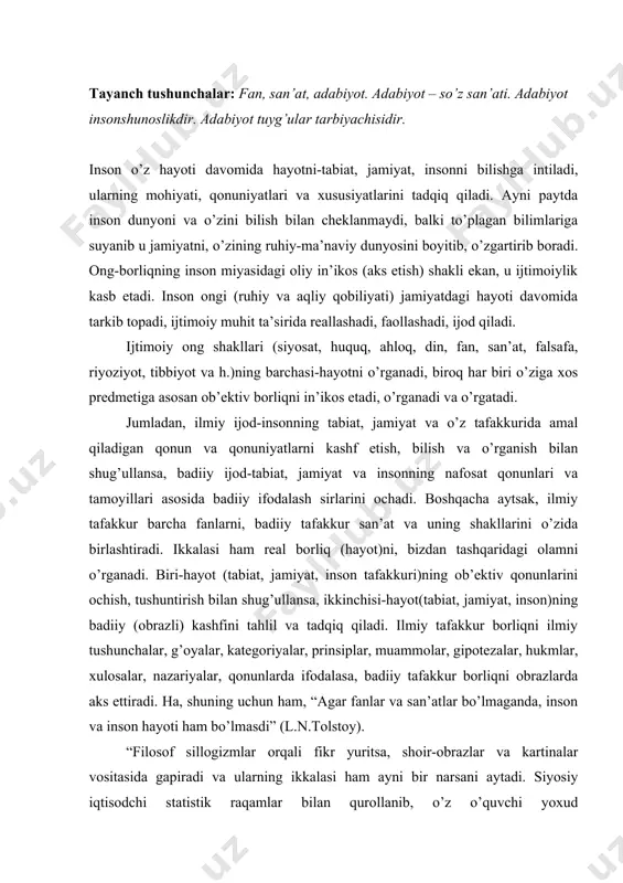 . ha, shuning uchun ham, “agar fanlar va san’atlar bo’lmaganda, inson va inson hayoti ham bo’lmasdi” (l.n.tolstoy). “filosof sillogizmlar orqali fikr yuritsa, shoir-obrazlar va kartinalar vositasida gapiradi va ularning ikkalasi ham ayni bir narsani aytadi. siyosiy iqtisodchi statistik raqamlar bilan qurollanib, o’z o’quvchi yoxud tinglovchilarining zehniga ta’sir etib, jamiyatdagi falon sinfning ahvoli falon-falon sabablarga ko’ra ko’p yaxshilangani yoxud ko’p yomonlashganini isbotlaydi. shoir voqyelikning jonli va yorqin tasviri bilan qurollanib, o’z o’quvchilarining fantaziyasiga ta’sir etib jamiyatdagi falon sinfning ahvoli falon-falon sabablarga binoan haqiqatdan ham ko’p yaxshilangani yoxud yomonlashganini haqiqiy kartinalarda ko’rsatadi. biri isbotlaydi, ikkinchisi ko’rsatadi-ikkalasi ham ishontiradi, bunga faqat ularnnng biri mantiqli asoslash, boshqasi kartinalarda namoyon etish bilan erishadi” (v.belinskiy; ta’kidlar bizniki-h.u). yuqoridagi “humoyunnoma” (gulbadan begim) asaridan keltirilgan parchaga e’tibor qilsangiz, unda mantiqiy fikrlash, mushohada, xabar ustunlik qiladi; hamma so’zlar aniqlik, ob’ektivlik, “quruq qayd” etishga bo’ysindiriladi va haqiqatan bo’lgan voqea haqida tushuncha beradi. “yulduzli tunlar” romanidan keltirilgan lavha esa bobur, mohim …