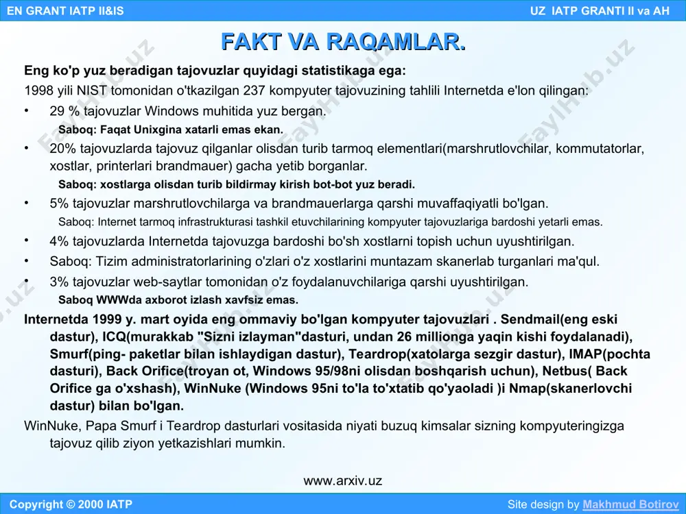 o‘zlari bilan olib yuradigan predmetlar, masalan, maxsus kartochkalar, maxsus jeton yoki disketa ancha arzon ham xavfsiz. noyob, modul kodi himoyalangan dastur moduli ham bu maqsadlarda qulay. copyright © 2000 iatp site design by makhmud botirov en grant iatp ii&is uz iatp granti ii va ah 3. axborot xavfsizligini ta'minlash yo'nalishlari www.arxiv.uz www.arxiv.uz * oshkor kalitlar infratuzilmasi ham web – tugun xavfsizligining ajralmas qismi. autentifikatsiya, ma’lumot butunligi va axborot pinhonaligi(konfidentsialligi)ni ta’minlash uchun ishlatiladigan taqsimlashga n tizim(odamlar, kompyuterlar), ochiq kalit infrastrukturali (sertifikat nashrchisi) elektron sertifikatni e’lon qiladi. unda foydalanuvchi identifikatori, uning ochiq kaliti, xavfsizlik tizimi uchun qandaydir qo‘shimcha axborot va sertifikat nashr etuvchisining raqamli imzosi bor. ideal variantda bu tizim yer yuzining har qanday ikki nuqtasidagi foydalanuvchi uchun sertifikatlar zanjirini tuzib beradi. bu zanjircha kimgadir maxfiy xatni imzolash, hisob bo‘yicha pul o‘tkazish yoki elektron kontrakt tuzish uchun, boshqa kishi uchun – hujjat manbaini va imzolovchi shaxsning aslini tekshirib bilish imkonini beradi. nist …