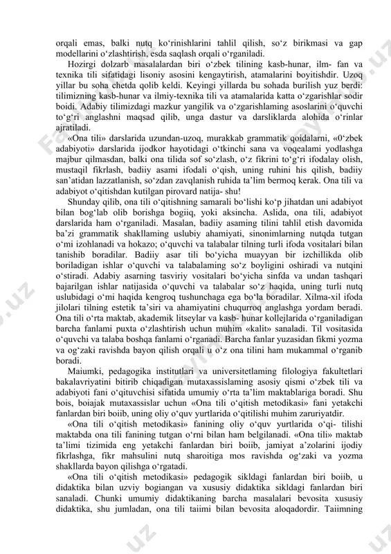 tirish vazifasi turadi. hayot taraqqiyoti va jamiyat rivojini shusiz tasawur qilib bo‘lmaydi. bu vazifani amalga oshirishning birdan-bir yo‘li ta’lim tizimini tinmay takomillashtirib borish orqali yosh avlodni ilm-fan asoslari bilan chuqur qurollantirishdir. 0‘quvchi va talabalami ona tili darslarida mustaqil, ijodiy fikrlashga o‘rgatish, ular ongida ma’naviy-ma’rifiy inqilob hosil qilishga intilish lozim. shuning uchun yangi dastur va darsliklarda grammatik qoidalarni yodlatishdan voz kechish, ijodiy tafakkur tarzini shakllantirish, dars va mashg‘ulotlami o‘quvchi va talabalaming nutqiy malakasini yuzaga keltirishga qaratish maqsad qilib olindi. til o‘qitishda til va nutq hodisalarining farqiga yetmaslik ko‘pgi- na chalkashliklami keltirib chiqarmoqda. til va nutq tushunchalarini bir-biridan ilmiy asosda farqlash uni o‘qitish metodikasi uchun katta ahamiyat kasb etadi. chunki til birliklarining grammatik belgilarini, birikuvini va vazifasini bilishning o‘zi mazkur tildagi nutqni egallash uchun yetarli emas. asosiy maqsad tilning grammatik qurilishi asosida nutq faoliyatini egallash bo‘lganligi sababli, mashg‘ulot materiallarini tanlash, darslami tashkil etish ishlari o‘quvchi va talabaning nutqini shaklla .tirish va rivojlantirishga …