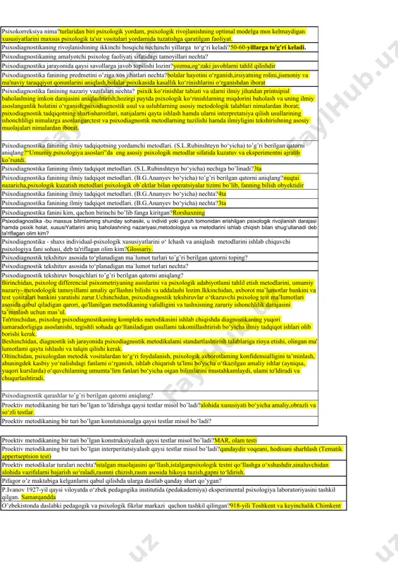 a, sh.a.do‘stmuhammedova, e.n.sattorov, g.to‘laganova respublikamizda psixodiagnostikaning rivojlanishiga hissa qo‘shgan olimlar kimlar?m.g.davletshin,b.r.qodirov, g‘b.shoumarov, e.g‘g‘oziyev v.a.tokareva, r.z.gaynutdinov, v.m.karimova, sh.a.do‘stmuhammedova, e.n.sattorov, g.to‘laganova qayerda bundan 2200-yil oldin shasxning ko’p xususiyatlarini qamrab olgan amaldorlarni tanlash tizimi yaratilgan? qadimgi xitoyda xristos qadimgi misrda ruhoniylikka o’qitilgan odamlarning tarjimai holi, ma`lumoti, suhbatlashishi, ko’nikmasi tekshirilgach yana qanday sinov o’tkazilgan? psixologik test natijalarini nazorat qilish qaysi omillarga bog’liq?asbob-uskunalarning o‘lchov sifati;psixologik testlarning doimiy relevant tavsifi,sinaluvchining ko‘rsatmalarni to‘g‘ri tushunishi sinaluvchining xulqi, xatti-harakati,sinaluvchining dolzarb psixologik holati. psixologik test natijalarini nazorat qilish omillari nechta? 5 ta psixologik tashviqot nima?teleko’rsatuv va radioda chiqish,yakkama-yakka maslahatlar tashkil etish,muloqot treninglari uyushtirishdan iboratdir. psixologik pragnoz turi to’g’ri berilgan qatorbni aniqlang? qidiruv tizimlari tartibga soluvchi ijodiy qarashga asoslangan psixologik pragnoz turi nechta?3ta psixologik pragnoz nima?psixologning bolaning o'tmishdagi va hozirgi rivojlanishi haqidagi bilimlariga asoslanib, ushbu rivojlanish mantiqini uning kelajakdagi rivojlanishini bashorat qiladigan darajada tushunish qobiliyati. psixologik diagnozning bosqichlari to’g’ri berilgan qatorni aniqlang? psixologik diagnozda n.i.drujinin bo’yicha mijozning nechta holati mavjuda? psixologik …