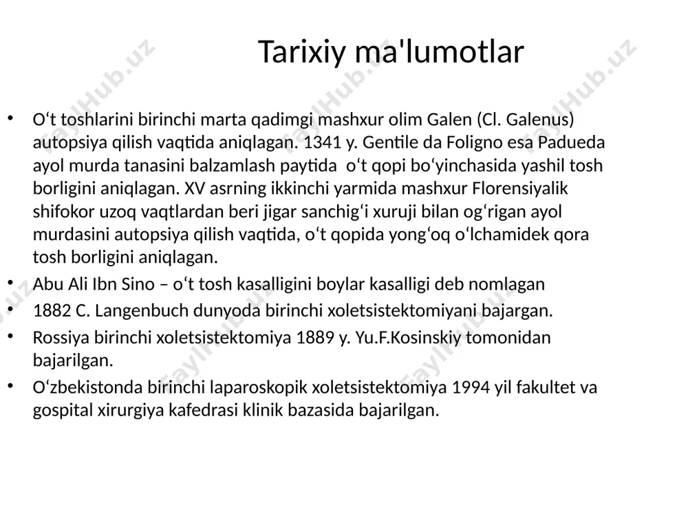 iy o‘t yo‘li soyasi 3. umurtqa pog‘onasi 4. kovurg‘alar xoletsistografiya (o‘t qopida ikkita yirik tosh) 1. o‘t qopi 2. toshlar 3. qovurg‘a - organizm uchun nur zarari, - bemorni tekshiruvga tayyor-lashning lozimligi, - kontrast moddani doimo ham o‘t yo‘llarida to‘planmasligi, faoliyati buzilgan o‘t qopiga kontrast modda yig‘ilmaydi. salbiy tomonlari kompyuter tomografiya erpxg- endoskopik retrograd pankretiko- xolangiografiya atjoxg- antegrad teri va jigar orqali xolangiografiya teri va jigar orqali xoletsisto-, xolangiogafiya diagnostik laparoskopiya o‘tk asoratlari o‘tkir xoletsistit, xoledoxolitiaz, mexanik sariqlik, o‘tkir pankreatit, xolangit, o‘tli tarqalgan peritonit, jigar yetishmovchiligi, jigar va diafragma osti sohasining abssesslari. konservativ davolash (muolaja) usullari: davolash usuli kamchiligi, salbiy tomoni medikamentoz litolitik muolajalishi. davolash muddati (1-4 yil) samaradorligi 50% qarshi ko‘rsatmalarning kengligi (atigi 20% bemorlarga ko‘rsatilgan medikamentoz qarshi ko‘rsatmalarning kengligi: toshning 2 smdan katta bo‘lmlishi yoki 1 smli 3 dona tosh borligi, xoletsistit belgilari borligi, kalsinozlangan yoki pigmentli toshlar, bir dona tosh o‘rnida ko‘plab tosh fragment-larining paydo bo‘lishi. davolash …