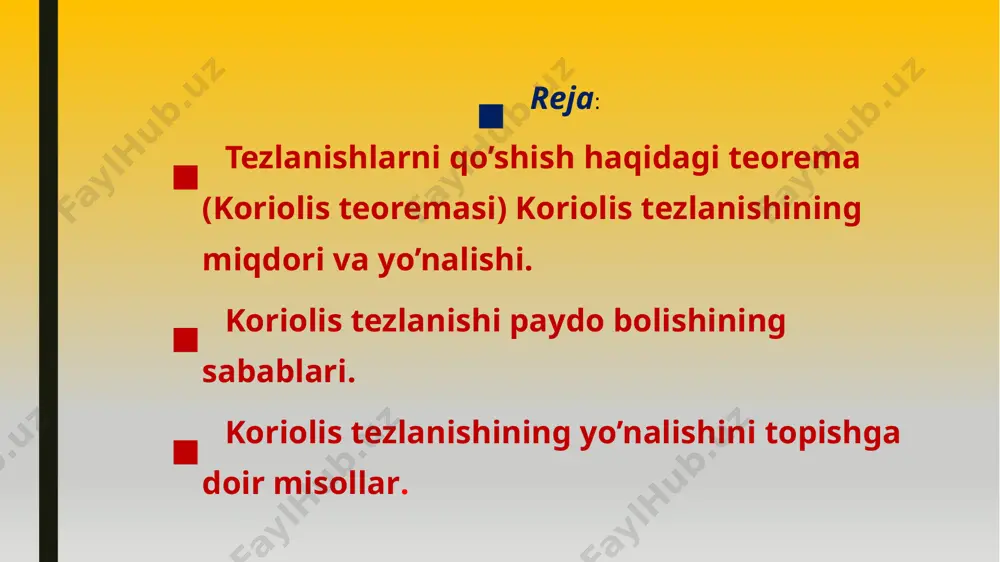 ga asosan: nisbiy tezlik vektorini burchak tezligi vektoriga perpendikulyar tekislikka proyeksiyalash kerak. b) nisbiy tezlik vektori proyeksiyasini aylanma burchak tezligi yo’nalishida to’g’ri burchakka burish kerak. 22 ma'ruza 7 (davomi 7.3) ■ koriolis tezlanishi paydo bolishining sabablari: umumiy holda koriolis tezlanishi nisbiy tezlikning proyeksiyalari va qo’sg’aluvchi koordinatalar sistemasining ortlaridan hisoblangan hosilalar qatnashgan bir nechta hadlarni guruhlashdan hosil qilindi. shu bilan birga bu qo’shiluvchilar ikkilangan holda hosil bo’ldi. koriolis tezlanishi paydo bo’lishining sabablarini oddiy bitta misolda qarab o’tamiz, bunda qo’zg’aluvchi koordinatalar sistemasida nisbiy tezlikni va ko’chirma burchak tezligini (qo’zg’aluvchi koordinatalar sistemasining qo’zg’almas o’qqa nisbataan aylanishini) o’zgarmas deb olamiz: ωe ωe vaqtning biror paytida nuqtaning holati, nisbiy va ko’chirma tezliklarning yo’nalishlari rasmda (yuqoridan qaralganda) tasvirlangandek bo’lsin: biror paytdan keyin nuqta aylanish o’qidan uzoqlashadi va jism biror burchakka buriladi. natijada: nisbiy tezlikning yo’nalishi o’zgaradi, chunki ko’chirma burchak tezligi bor hamda chiziqli ko’chirma tezlik miqdori o’zgaradi, chunki nisbiy tezlik bor va nuqtaning aylanish o’qigacha bo’lgan …