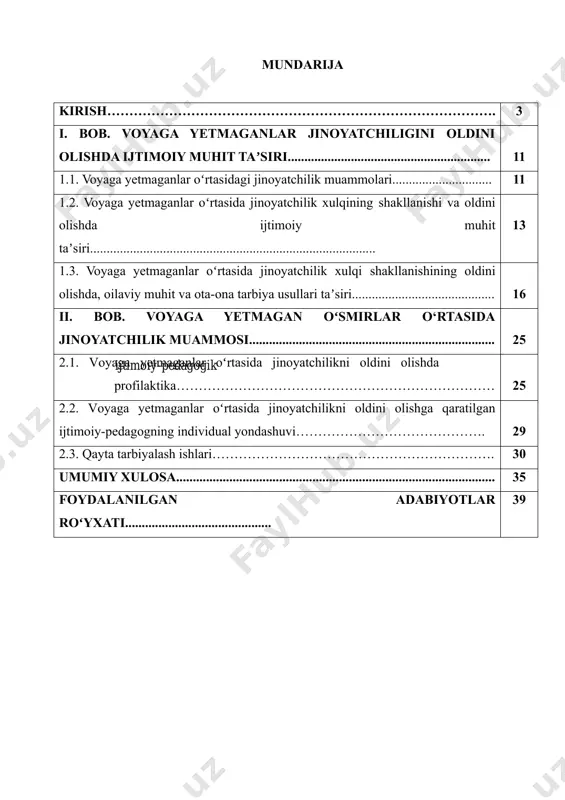 oslar “yoshlarga oid davlat siyosatining asoslari toʻgʻrisida”[footnoteref:2]gi qonun, “bola huquqlarining kafolatlari toʻgʻrisida”[footnoteref:3]gi va boshqa qonunlarda mustahkamlandi. [1: oʻzbekiston respublikasi konstitutsiyasi, 01.05.2023/ https://lex.uz/docs/-6445145] [2: 1991, 2016-yilgi tahriri] [3: bola huquqlarining kafolatlari toʻgʻrisida .,https://lex.uz/mact/-1297315] shunga qaramay, bugungi kunda yoshlar orasida jinoyatchilik oshmoqda. voyaga yetmaganlar jinoyatchiligining oldini olish davlat siyosatining muhim yoʻnalishiga aylandi. davlat ushbu muammoni hal qilish uchun ilmiy asoslangan choralarni ishlab chiqish, xalqaro tajribani oʻrganish va amaliy chora-tadbirlarni qoʻllashga alohida eʼtibor qaratmoqda. prezident sh.m.mirziyoyev taʼkidlaganidek, uyushmagan yoshlar bilan ishlash, ularning tarbiyasi va nazoratiga jiddiy eʼtibor berilmoqda. voyaga yetmaganlarning jinoiy javobgarligi yengillashtirilgan sharoitda belgilangan, ularga nisbatan baʼzi jazo choralarini qoʻllash cheklangan. tadqiqotlarga koʻra, jinoyatchilikning oldini olishda taʼlim muassasalari, profilaktika inspektorlari, mahalla faollari va ota-onalar hamkorligi muhimdir. chunki oila — bolaning birinchi va asosiy ijtimoiylashuv muhitidir. global miqyosda ham bu masala dolzarb. gʻarb olimlari (émile durkheim, t.parsons, robert k. merton) va mahalliy tadqiqotchilar (a.joʻrayev, m.toʻrayev, nodirbek yuldashev) jinoyatchilikning ijtimoiy-psixologik sabablarini oʻrgangan. ammo ijtimoiy-pedagogik …