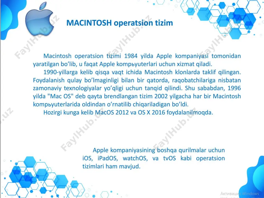 di. shu bilan birga bir paytning o'zida bir necha katalog bilan ishlash imkoniyatiga ega. windows bir paytning o'zida bir necha masalalarni yechish qobiliyatiga ega. yagona interfeysga, ya’ni windows turli lahjalari va dastur ilovalari bilan ishlashning standart qoidalariga egaligi muhimdir. hozirgi kunda windows millionlab foydalanuvchilarning e’tiborini o'ziga tortdi. ms firmasi windowsni takomillashtirish borasida tinimsiz ish olib bormoqda. shu bilan birga turli dasturlar ilovalarining yaratilishi windowsning imkoniyatlarini yanada oshirmoqda. bu ms office va hokazolardir. savol va topshiriqlar 1. operatsion tizim vazifalari. 2. operatsion tizim turlari. 3. windows amaliyot tizimi. uning asosiy imkoniyatlari. 4. windowsni yuklash va unda ishni yakunlash ketma-ketligi. 5. windows darchasi. asosiy menyu tarkibi va vazifalari. 6. windowsda darchalarning oʻlchamini joyini oʻzgartirish. darchalar turi.