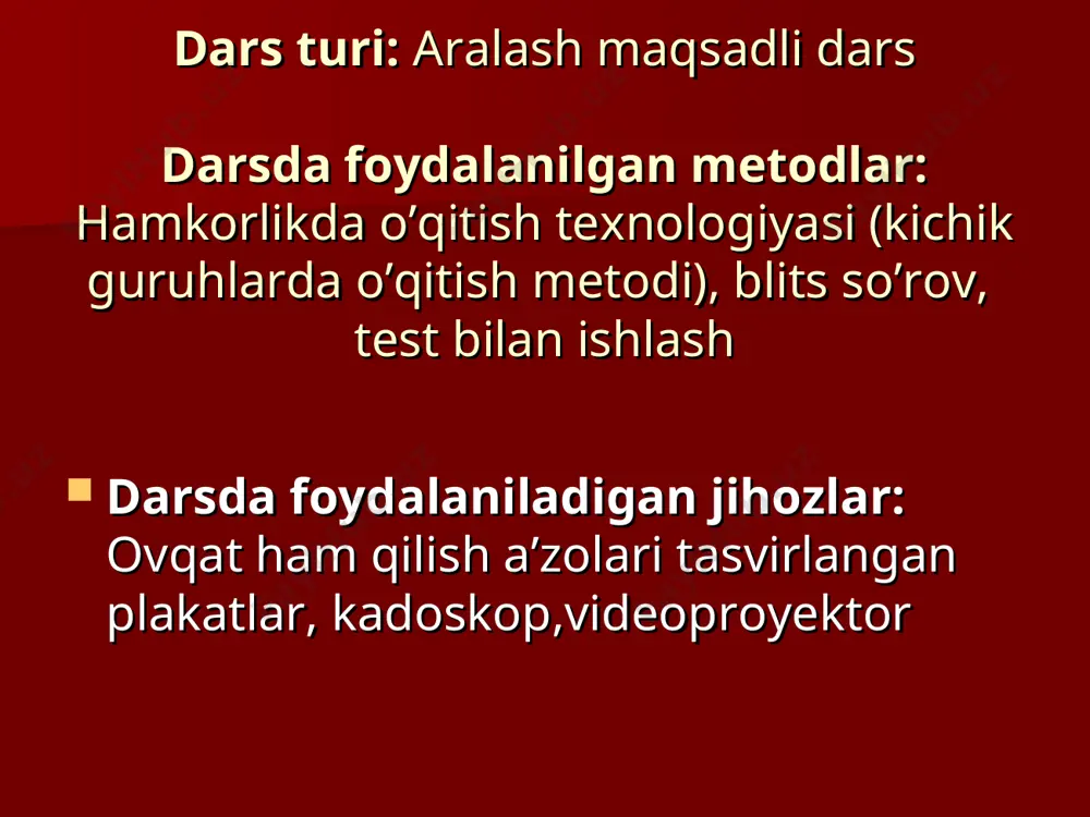 hi. (10 daqiqa) yangi mavzuni tushuntirish: kichik ma’ruza (13 daqiqa) reja. 1.ovqat hazm qilish organlarining gigiyenasi. 2.me’da- ichak kasalliklari va ularni oldini olish. 3.spirtli ichimliklar ichish va chekishning ovqat hazm qilish organlariga ta’siri. o’quvchilar tomonidan belgilangan o’quv topshiriqlarni mustaqil ravishda sifatli bajarishga erishish yangi mavzu bo’yicha guruhlarga quyidagi topshiriqlar beriladi. pepsin guruhi: 1) og’iz bo’shlig’i qanday parvarish qilinishi kerak? 2) me’da va ichaklar sog’lom bo’lishi uchun qanday gigiyena qoidalariga rioya qilish zarur? amilaza guruhi: 1) ovqat hazm qilish organlarining yallig’lanish kasalliklari haqida nimalarni bilasiz? 2) me’da-ichaklarning yuqumli kasalliklari haqida nimalarni bilasiz? lipaza guruhi: 1) spirtli ichimliklar ovqat hazm qilish organlariga qanday ta’sir ko’rsatadi? 2) tamaki va nos chekishning ovqat hazm qilish organlariga qanday ta’sir etadi? o’quvchilar savollarga kitob bilan ishlab javob berishadi.ularning fikrlariga o’qituvchi izoh berib umumlashtirib tushuntiradi. gigiyena qoidalariga rioya qilish ovqat hazm qilish organlarining ish faoliyati normal bo’lishida va me’da-ichak kasalliklarinig oldini olishda muhim axamiyatga ega. me’da-ichak kasalliklari …