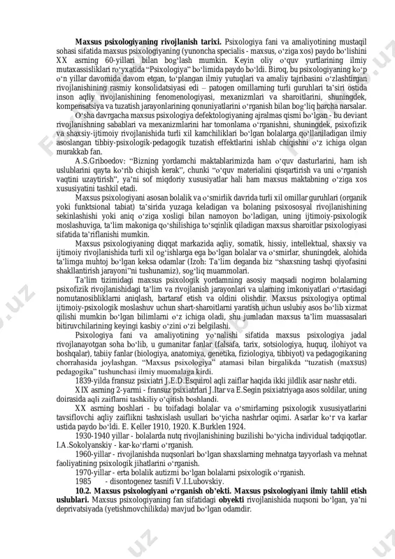 uruhlarida aqliy faoliyatning o‘ziga xos shakllari va uning aqliy jarayonlarining shakllanishi va rivojlanishini o‘rganish. 3. kamchilikni qoplash va butun psixikani rivojlantirish usullarini aniqlash 4. ilmiy asoslarni ishlab chiqish. anormal bolalarning turli guruhlarini o‘qitish usullari va vositalari va ularni o‘qitishning o‘ziga xos usullarini nazariy asoslash. maxsus psixologiyaning predmeti psixikaning noqulay sharoitlarda rivojlanishining turli shakllari va tomonlaridir. maxsus psixologiyaning asosiy vazifasi buzilgan funksiyalarni almashtirish va qayta qurish orqali maxsus tarbiya va ta’lim usullari va uslublarini qo‘llash sharoitida adekvat shaxsni shakllantirishdir. maxsus psixologiyaning asosiy vazifalariga quyidagilar kiradi: turli sharoitlarda va birinchi navbatda korreksion ta’lim sharoitida turli aqliy va jismoniy nuqsonlari bo‘lgan bolalar va kattalarning aqliy rivojlanishining qonuniyatlari va xususiyatlarini o‘rganish; rivojlanish buzilishlarini psixologik diagnostika qilish usullari va vositalarini yaratish; rivojlanish nuqsonlarini psixologik tuzatish vositalarini ishlab chiqish; maxsus ta’lim muassasalari tizimida o‘qitish va tarbiyalashning mazmuni va usullarini psixologik asoslash; rivojlanishida nuqsoni bo‘lgan bolalarni turli sharoitlarda o‘qitish mazmuni va usullari samaradorligini psixologik baholash; nogironlarning ijtimoiy …