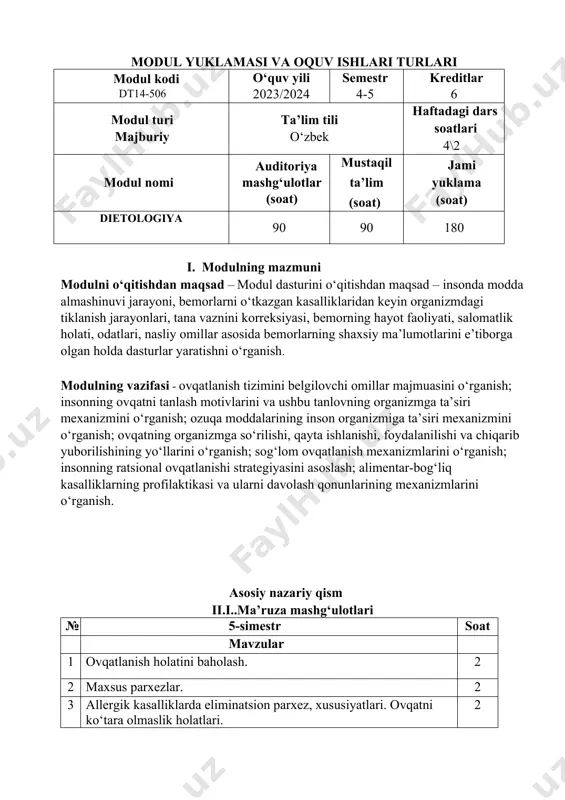 ovqatlanish. 4 5 radioaktiv moddalar bilan zararlanishda ovqatlanish. pestitsidlar bilan oziq-ovqat mahsulotlarining ifloslanishi. 4 6 umumiy ovqatlanish tizimida parxezli ovqatlanish boyitilgan mahsulotlar. nitratlar, nitritlar va nitrozaminlar. 4 7 davolash-profilaktika muassasalarida parhez ovqatlanishni tashkil etish. turli kasalliklarda tavsiya etiladigan ovqatlanish. nafas a’zolari kasalliklarida davolovchi ovqatlanish. 4 8 . peshob ajratish tizim kasalliklarida davolovchi ovqatlanish. kasb kasalliklarida ovqatlanish. 2 jami 24 amaliy mashg‘ulotlar multimedia qurilmalari jixozlangan auditoriyalarda har bir akademik guruhga alohida o‘tiladi. mashg‘ulotlar faol va interfaol usullar yordamida o‘tiladi, “keys-stadi” texnologiyasi ishlatiladi, keyslar mazmuni o‘qituvchi tomonidan belgilanadi. ko‘rgazmali materiallar va axborotlar multimedia qurulmalari yordamida uzatiladi. amaliy mashg‘ulotning klinik qismi mavzularga xos ravishda kasalxona bo‘limlarida olib boriladi. iv. amaliy ko‘nikmalar 1.fizik apparatlarni muolajalarga tayyorlash; 2.fizik muolaja usullarini mustaqil bajarish; 3.fiziodavolashda va elektrojarohat holatidagi patologik reaktsiya paytida birlamchi tibbiy yordam ko‘rsatish. 5-simestr mustaqil ta’lim va mustaqil ishlar № talabaningmustaqilishi soat 1. pestitsidlar bilan ishlovchilar uchun profilaktik ratsion tuzish. 5 2. xrom birikmalari bilan …