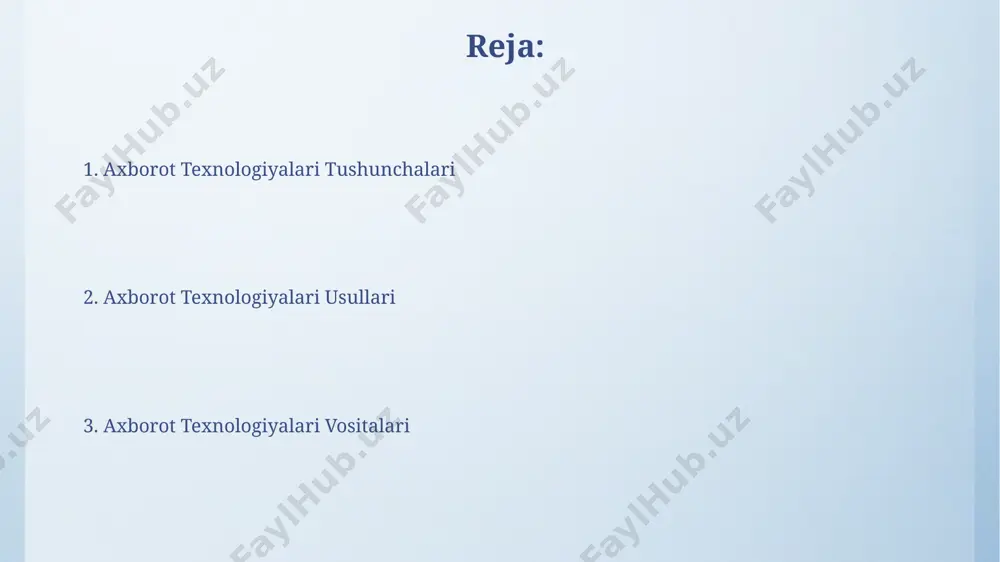 aydi. mobil ilovalar bozorida 2023 yilda 200 milliarddan ortiq yuklab olinish kuzatildi, bu esa platformalararo rivojlantirish vositalariga (sdk) bo'lgan talabni oshirdi. axborot texnologiyalari tushunchalari axborot texnologiyalari tizimlarining 3 ta asosiy qatlami mavjud: apparat ta'minoti (hardware), dasturiy ta'minot (software) va ma'lumotlar bazasi (database) – ular birgalikda samarali axborot tizimini yaratadi. ma'lumotlarni shifrlash algoritmlari, masalan, aes-256 yoki rsa-4096 kabi, axborot xavfsizligini ta'minlashda muhim rol o'ynaydi va ma'lumotlarning noqonuniy kirishdan himoyasini kuchaytiradi. katta ma'lumotlar (big data) mashinani o'rgatish va chuqur o'rganish algoritmlari katta ma'lumotlarni tahlil qilishda muhim rol o'ynaydi, bu esa 90% dan ortiq aniqlik bilan bashorat qilish va naqshni aniqlashga imkon beradi. katta ma'lumotlarni qayta ishlash uchun hadoop kabi tarqatilgan hisoblash texnologiyalari va spark kabi tezkor ma'lumotlarni tahlil qilish vositalari qo'llaniladi, bu esa terabayt va petabayt hajmdagi ma'lumotlarni samarali tahlil qilish imkonini beradi. ma'lumotlar bazalari va boshqarish tizimlari ma'lumotlar bazasi boshqaruv tizimlari (dbms) relational, nosql va ob'ekt-relyatsion kabi turli xil modellarda mavjud …