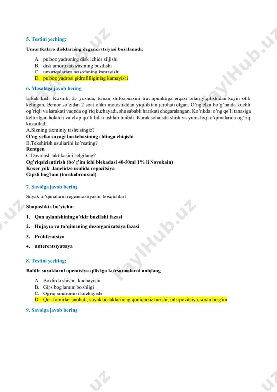 iqishi b.tekshirish usullarini ko’rsating? rentgen c.davolash taktikasini belgilang? og’riqsizlantirish (bo’g’im ichi blokadasi 40-50ml 1% li novokain) koxer yoki janelidze usulida repozitsiya gipsli bog’lam (torakobronxial) 7. savolga javob bering suyak to’qimalarni regenerastiyasini bosqichlari. shaposhkin bo’yicha: 1. qon aylanishining o’tkir buzilishi fazasi 2. hujayra va to’qimaning dezorganizatsiya fazasi 3. proliferatsiya 4. differentsiyatsiya 8. testini yeching: boldir suyaklarni operatsiya qilishga koʼrsatmalarni aniqlang a. boldirda shishni kuchayishi b. gips bogʼlamini boʼshligi c. ogʼriq sindromini kuchayishi d. qon-tomirlar jarohati, suyak boʼlaklarining qoniqarsiz turishi, interpozitsiya, soxta boʼgʼim 9. savolga javob bering qovurg’alarni asoratlanmagan sinishlari. diagnostikasi va davolash. ковиргалар синганда хар хил даражадаги оғриқ бўлади. бемор тинч ётганда оғриқ бир хил ва паст бўлади. нафас олинганда оғриқ ўта кучаяди. улар чукур нафас олганда, йўталганда ва кучанганда кучаяди. оғриқ туфайли шикастланган томонда кўкрак кафасининг экскурсияси чекланади. синган жойда шиш ва гематома бўлиши мумкин. синган жойни пайпаслаганда каттик оғриқни, баъзан бўртиб турганини аниқлаш мумкин. rentgenografiya крбиргаларнинг асоратсиз синишида окрикни …