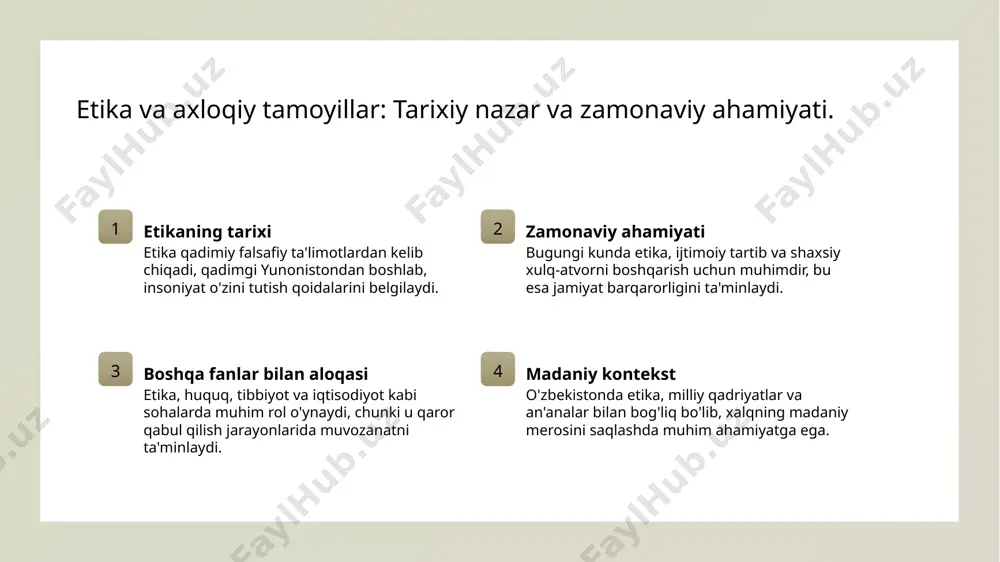 yatlarni o'rgatishda muhim ahamiyatga ega. milliy qadriyatlar orqali ular o'zlarining madaniyatini anglaydilar. huquq sohasida etika: asosiy tamoyillar va prinsiplar. 1 huquqiy etik tamoyillar huquqiy etik tamoyillar, adolat, tenglik va inson huquqlarini himoya qilish kabi asosiy qadriyatlarni o'z ichiga oladi, bu esa huquqni samarali qo'llashga yordam beradi. 2 adolat va tenglik huquq sohasidagi etika adolat va tenglikni ta'minlashni maqsad qiladi, bu esa har bir shaxsning huquqlarini hurmat qilishni talab etadi va ijtimoiy barqarorlikni oshiradi. 3 shaxsiy mas'uliyat huquqshunoslar uchun shaxsiy mas'uliyat va professional etikani saqlash muhimdir, chunki bu ularning ish faoliyatida ishonch va integritetni ta'minlaydi. 4 huquqiy qarorlar huquqiy qarorlar qabul qilish jarayonida etik tamoyillarni inobatga olish, adolatli va maqbul natijalarga erishishda muhim rol o'ynaydi, chunki bu insoniyat manfaatlarini himoya qiladi. tibbiyotda axloqiy qarorlar: bemor huquqlari va shifokor mas'uliyati. 1 bemor huquqlari bemorlar o'z salomatliklari bilan bog'liq qarorlar qabul qilishda to'liq huquqlarga ega. ular shifokorlar bilan ochiq muloqotda bo'lishlari zarur. 2 …