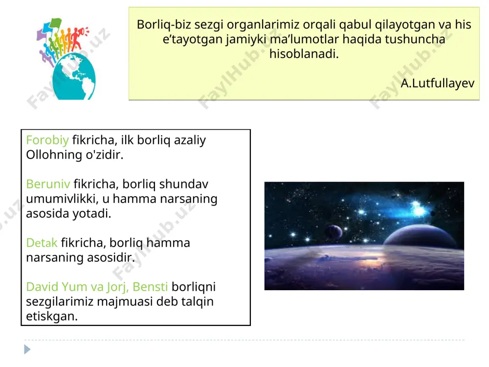 li bosqichlari, bir-biridan ajralganligi, ularning davom etishini, ularning rivojlanishini bildiradi. har bir narsa o‘z o‘tmishi, hoziri va kelgusiga ega. bular esa vaqt tushunchasini ifodalaydi. fazo harakatdagi materiya mavjudligining tub obyektiv shaklidir. moddiy obyektlaring birgalikda mavjudligini va bir biridan uzoqligini ularning ko‘lamini, bir-biriga nisbatan joylashish tartibini ifodalaydi. dialektik uslub va tadqiqot tamoyillari haqida matn tayyorlash e’tiboringiz uchun rahmat!