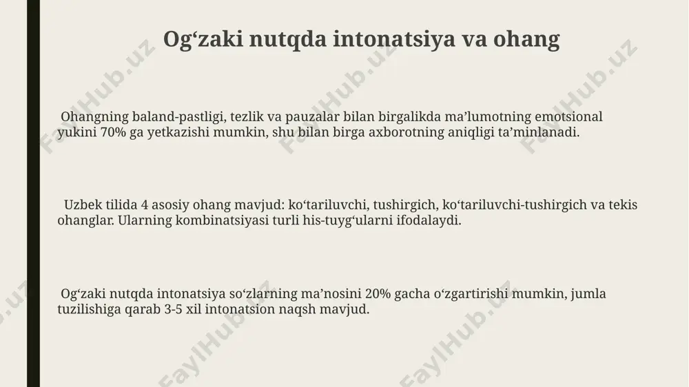 ni sezilarli darajada oshiradi. ogʻzaki nutqning 3 asosiy turi – suhbat, maʼruza va munozara – turli ijtimoiy kontekstlarda kommunikativ mahoratni namoyon etish imkoniyatini beradi. oʻzbek tilining fonetik xususiyatlari, taxminan 24 ta fonemaning mavjudligi, ogʻzaki nutqning aniq va tushunarli boʻlishida muhim rol oʻynaydi. ogʻzaki nutqning til xususiyatlari oʻzbek tilida ogʻzaki nutqda soʻzlarning fonetik shakllari, yaʼni talaffuz xususiyatlari yozma nutqdan farq qiladi, masalan, 30% ga yaqin soʻzlar qisqartirilgan yoki soddalashtirilgan holda ishlatiladi. ogʻzaki nutqda koʻp maʼnoli soʻzlar kontekstiga bogʻliq ravishda turlicha talqin qilinishi mumkin, bu esa 5 dan ortiq maʼno variantini beradi. bunday koʻp maʼnolar yozma nutqda aniqroq belgilanadi. oʻzbek ogʻzaki nutqida, ayniqsa, sheva va lahja xususiyatlarining taʼsiri kuchli boʻlib, 20 dan ortiq sheva va lahja elementlari bir suhbat davomida kuzatilishi mumkin. ogʻzaki nutq turlari: munozara munozarada ishtirokchilarning nutq madaniyati, argumentatsiya uslubi va til boyligi kabi omillar muhim ahamiyatga ega boʻlib, natijaning sifatiga 30% ga ta’sir qilishi mumkin. munozarada 2 dan ortiq …
