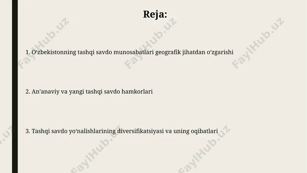 stonning tashqi savdo aylanmasi 15,8 milliard dollarni tashkil etdi, bu 2023-yilning shu davriga nisbatan 6,2 foizga oshganligini ko'rsatadi. xulosa oʻzbekistonning tashqi savdo aylanmasi 2024-yilning birinchi choragida 15,8 milliard dollarni tashkil etdi, bu 2023-yilning shu davriga nisbatan 6,2 foizga oshganligini koʻrsatadi. eksport tarkibida oltin (7,48 milliard dollar), toʻqimachilik mahsulotlari (1,99 milliard dollar) va boshqa mahsulotlar ustunlik qiladi. afgʻoniston va pokiston orqali dengizga chiqish ushbu temir yo'l liniyasi yiliga 20 million tonnagacha yuk tashish quvvatiga ega bo'lib, taxminiy qiymati 4,8 milliard dollarni tashkil etadi va qurilish muddati besh yilni tashkil etadi. loyiha amalga oshishi bilan hindiston va pokiston bilan tovar ayirboshlash hajmi 2025-yilga kelib mos ravishda 20 milliard va 6 milliard dollarga yetishi mumkin. anʼanaviy hamkorlar va ularning oʻrni geografik jihatdan yaqin yoki chegaradosh boʻlgan davlatlar (rossiya, qozogʻiston va xitoy) bilan tovar va xizmatlar almashinuvi qulaylashtirilgan, bu esa savdo hajmining oshishiga hissa qoʻshadi. oʻzbekistonning anʼanaviy hamkorlari sifatida xitoy, rossiya, qozogʻiston, turkiya va …