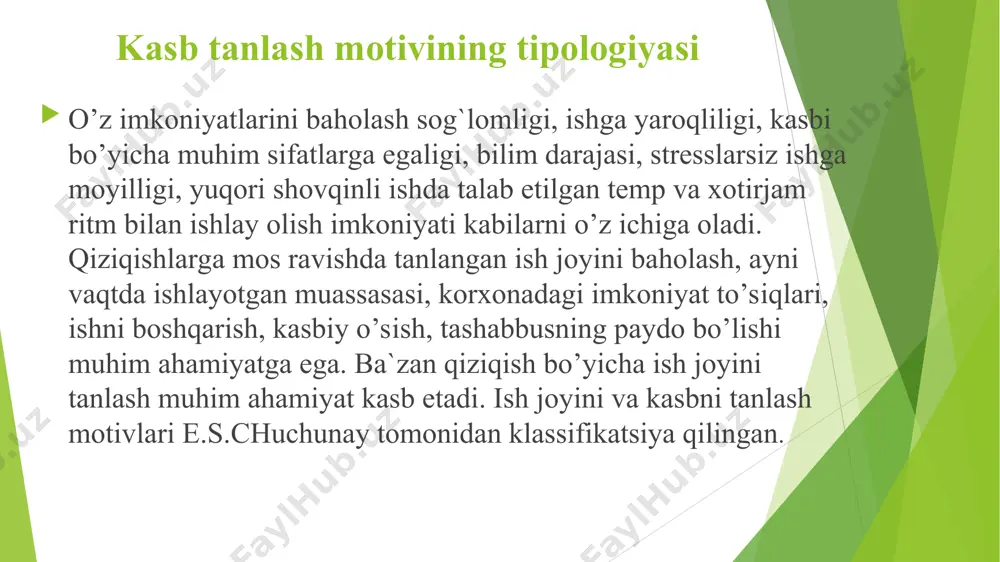 m-nishon qoldirish; aniq bir ijtimoiy statusga intilish (ilmiy darajalariga ega bo’lish) mashhurlikka intilish kabilar bilan belgilanadi. shaxsning kasbiy o’zini o’zi belgilash jarayonining mohiyati kasb tanlashga yo’naltirilgan uchburchagi shaxsning qiziqishi mayli hohishi o’zini o’zi baholashi nufuzi kabilarga oid materiallarni o’zida mujassasmlashtiradi. v.a.krutetskiy o’spirinlarda uchrash mumkin bo’lgan motivlardan quyidagilarni alohida ta`kidlab o’tadi: -biror o’quv faniga nisbatan o’spirinning qiziqishi. -vatanga foyda keltirish istagi -shaxsiy qobiliyatini ro’kach qilib ko’rsatish -oilaviy an`analariga rioya qilishi -do’stlari va o’rtoqlaridan o’rnak olganligi -ish joyining va o’quv yurtining uyga yaqinligi - moddiy ta`minlanganlik - o’quv yurti ko’rinishining chiroyliligi yoki unga joylashishining osonligi singari motivlardir. psixolog e.a.klimov tomonidan o’spirinlarda kasb tanlash jarayonida uchraydigan xatoliklarni quyidagilar deb ajratib ko’rsatadilar: -biror bir kssbning nufuzli ekanligiga bahs borishdagi dogmalarga asoslanish -kasbga uzoq va noaniq tasavvurga binoan baho berish -biror kasb egasi bo’lmish kishiga nisbatan ijobiy yoki salbiy munosabatda bo’lishni tegishli kasbga ko’chirish -kasbning oddiy kundalik tomonini nazar pisand qilmasdan uning tashqi tomoniga sirtiga …