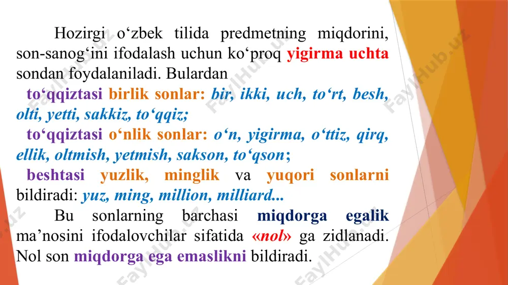 chi so‘zlarni o‘ziga tobe qilib kelmaydi; 3) sonlar ot oldida aniqlovchi bo’lib kelganda, u bilan birikib yaxlit bir bo’lak vazifasini bajaradi: uch dugona kelishayapti. 4) son va sifat aniqlovchi bo’lib kelganda, oldin son keyin sifat keladi: ikkita chiroyli ko’ylak. 5) sonlar gapda ko‘pincha aniqlovchi va kesim vazifasida keladi: beshta qalam oldi. maqsadimiz bitta. son otlashish xususiyatiga ega. birinchi kishini chaqir – birinchisini chaqir. bunda otga xos lug`aviy va sintaktik shaklni hamda uning sintaktik vazifasini qabul qiladi: o`ninchisini, o`ninchigacha. otga xos shakl yasovchi qo`shimcha sonning hamma turiga ham birday qo`shila olmaydi: o`nlarcha(ni), uchala(ga) sonlar otga ko`chishi ham mumkin: yetti, qirq, yigirma, to`qqiz-­to`qqiz kabi marosim oti sonda shakldoshlik, ma’nodoshlik, ko`p ma’nolilik hodisasi mavjud. shakldoshlik: ba’zi son boshqa turkum so`zi bilan omonim bo`ladi: uch(son) – uch(fe’l), qirq(son) – qirq(fe’l). urug` nomini bildiruvchi qirq, yuz, ming kabi otga ko`chgan so`z shu shakldagi songa omonim bo`ladi. ma’nodoshlik: bu hodisa kam uchraydi. ba’zan bir soni o`rnida …