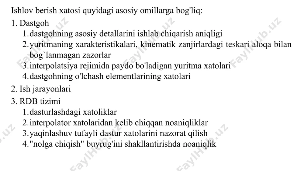 atsiyalashdagi xatolik ishlov berilgan yuzaning g‘adir-budurlik darajasiga jiddiy ta’sir etadi. murakkab konturga ishlov berishda egri chiziqlarni to‘g‘ri chiziq bo‘laklari bilan yoki doira yoylari bilan almashtirishga to‘g‘ri keladi. natijada aproksimotsiyalashdagi xatolik paydo bo‘ladi. aproksimotsiyalash (bir chiziqni ikkinchi xil chiziq bilan ifodalash) dagi xatolik miqdori aproksimotsiyalanadigan egri chiziqning nechta bo‘lakka ajratilganligiga bogliq. bo‘laklar soni qancha ko‘p bo‘lsa, aproksimotsiyalashdagi xatolik shuncha kam bo‘ladi. lekin bu dasturlashdagi mexnat sarfini oshirib yuboradi. zagatovkani o`rnatish xatoligi. rdb stanoklarda zagatovkani urnatish xatoligi universal stanoklardagi kabi bazalash (asosiy yuzaga urnatish) va maxkamlashdagi xatoliklarga bogliq. bu xatoliklar vektorlardan iborat bo‘lib, geometrik qushiladi. rdb stanoklarda universal stanoklardan, ayniqsa ko‘p operatsiyali stanoklardan farqli ravishda zagatovkalarni ishlov berish jarayonida qayta o‘rnatish juda kam talab etiladi. rdb stanoklarda zagatovkani bir marta o‘rnatishda odatda asosiy yuzaga va ulchamlari shu yuzaga nisbatan berilgan qolgan barcha yuzalarga ishlov berilgani uchun ishlov berish aniqligi ancha yuqori bo‘ladi. bunday xollarda asosiy yuzaga nisbatan o‘rnatish xatosi 0 ga teng …
