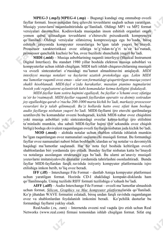 kuchlanishi bilan ishlovchi anologli elektronikadan farqli ravishda raqamli elektronikada ikkilik signallar – “0” va “1” ga mos keluvchi diskret darajali signallar qo’llaniladi. analogli signalni raqamliga o’tkazish deyarli barcha tizimlarda bir necha bosqichda amalga oshiriladi. dastlab analogli tovush signali signal chastota yo’laklarini chegaralovchi va tovushning tiniq eshitilishiga xalaqit beruvchi shovqinlarni tozalovchi analogli filtrga tushadi. so’ngra analogli signaldan tanlash/saqlash sxemalari yordamidagi sanoq boshlanadi: ma’lum bir davrdagi analogli signallarning lahzalik darajasi saqlab boriladi. sanoq anologli-raqamli o’tkazgichlarga o’tib, unda har biri raqamli kodga yoki songa aylantiriladi. hosil bo’lgan raqamli kod bitlar ketma-ketligi ovozli signallarning raqamli shakli hisoblanadi. shunday qilib, uzluksiz analogli ovoz signallari vaqt va kattalik bo’yicha raqamli-diskret qiymatga aylanadi. ko’pchilik ovoz kartalarida standart diskretizatsiya chastotasi 44.1 va 48.0 kgsni tashkil qiladi. ovozli fayllar formati wave (.wav) mpeg-3 (.mp3) mpeg-4 (.mp) midi (.mid) au (.au, .snd) mod (.mod) iff (.iff) aiff (.aiff) ....... wave (.wav) – juda keng tarqalgan ovozli fayl formatlaridan biri. windows …