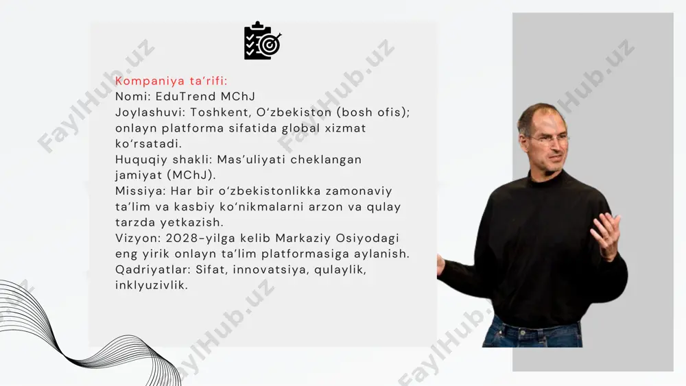 . marketing va sotuv strategiyasi asoschi va direktor: biznes egasi (ta’lim yoki it sohasida tajribaga ega). jamoa: kontent ishlab chiqaruvchilar (5 nafar). it mutaxassislari (3 nafar). marketing jamoasi (3 nafar). moliya va hr (1-2 nafar). maslahatchilar: ta’lim sohasi ekspertlari. tashkiliy tuzilma: direktor → (marketing, it, kontent, moliya) bo‘limlari. tashkiliy tuzilma va boshqaruv moliyaviy reja boshlang‘ich xarajatlar (1.5 milliard so‘m): platforma ishlab chiqish: 500 million so‘m (o‘zbekistonda veb-ilova ishlab chiqish narxlari asosida, spot.uz). kontent yaratish (50 ta kurs): 400 million so‘m. marketing (birinchi 6 oy): 300 million so‘m. ofis ijarasi, jihozlar, maoshlar: 300 million so‘m. daromad prognozi: 1-yil: 10,000 foydalanuvchi × 50,000 so‘m (oylik obuna) = 6 milliard so‘m. 2-yil: 30,000 foydalanuvchi = 18 milliard so‘m. 3-yil: 50,000 foydalanuvchi = 30 milliard so‘m. eslatma: foydalanuvchi soni prognozi o‘zbekistonda onlayn ta’lim bozorining o‘sish sur’ati (yillik 20%, statista) asosida hisoblangan. xarajatlar prognozi: 1-yil: 4 milliard so‘m. 2-yil: 6 milliard so‘m. 3-yil: 8 milliard …