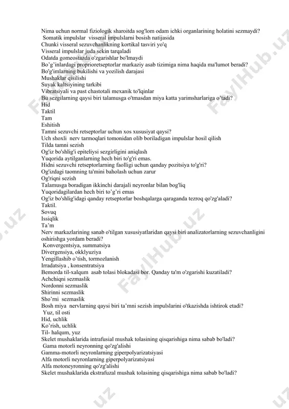 ijtimoiy shakllarining shakllanishi nima uchun normal fiziologik sharoitda sog'lom odam ichki organlarining holatini sezmaydi? somatik impulslar visseral impulslarni bosish natijasida chunki visseral sezuvchanlikning kortikal tasviri yo'q visseral impulslar juda sekin tarqaladi odatda gomeostazda o'zgarishlar bo'lmaydi bo’g’inlardagi proprioretseptorlar markaziy asab tizimiga nima haqida ma'lumot beradi? bo'g'imlarning bukilishi va yozilish darajasi mushaklar qisilishi suyak kaltsiyining tarkibi vibratsiyali va past chastotali mexanik to'lqinlar bu sezgilarning qaysi biri talamusga o'tmasdan miya katta yarimsharlariga o’tadi? hid taktil tam eshitish tamni sezuvchi retseptorlar uchun xos xususiyat qaysi? uch shoxli nerv tarmoqlari tomonidan olib boriladigan impulslar hosil qilish tilda tamni sezish og'iz bo'shlig'i epiteliysi sezgirligini aniqlash yuqorida aytilganlarning hech biri to'g'ri emas. hidni sezuvchi retseptorlarning faolligi uchun qanday pozitsiya to'g'ri? og'izdagi taomning ta'mini baholash uchun zarur og'riqni sezish talamusga boradigan ikkinchi darajali neyronlar bilan bog'liq yuqoridagilardan hech biri to’g’ri emas og'iz bo'shlig'idagi qanday retseptorlar boshqalarga qaraganda tezroq qo'zg'aladi? taktil. sovuq issiqlik ta’m nerv markazlarining sanab o'tilgan xususiyatlaridan …