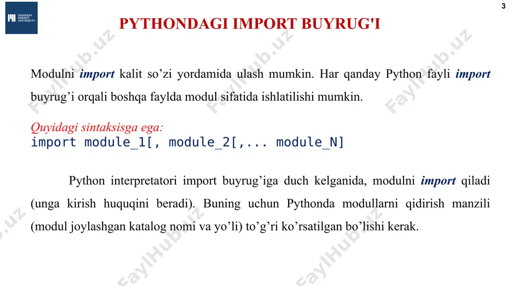 к.ю. поляков, е.а. ерёмин, 2018 http://kpolyakov.spb.ru import * * agar siz global nomlar maydoniga barcha funktsiyalarni import qilishingiz kerak bo'lsa, unda alohida funktsiyalar va o'zgaruvchilar nomlari o'rniga yulduzcha * dan foydalanishingiz mumkin: natija алгоритмы и программирование, язык python, 10 класс  к.ю. поляков, е.а. ерёмин, 2018 http://kpolyakov.spb.ru kolleziya * ammo shuni ta’kidlash kerakki, global nomlar maydoniga import qilish funksiyalar nomlarining to'qnashuvi bilan to'la. misol uchun, agar bizda xuddi shu faylda chaqirilgunga qadar bir xil nomli funksiya mavjud bo'lsa, oxirgi marta aniqlangan funksiya chaqiriladi. алгоритмы и программирование, язык python, 10 класс  к.ю. поляков, е.а. ерёмин, 2018 http://kpolyakov.spb.ru math modulini ishlatish * masalan, math modulini ishlatish uchun quyidagicha yozish mumkin: import math print (math.sqrt(9)) print (math.pi) modul necha marta import qilinganiga qaramay, faqat bir marta yuklanishini bilish juda muhim. алгоритмы и программирование, язык python, 10 класс  к.ю. поляков, е.а. ерёмин, 2018 http://kpolyakov.spb.ru pythonda from ... import komandasi * from …