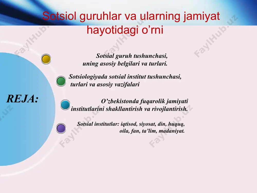 zon qo’yadigan guruhlar; chegaralangan guruhlar, ya’ni guruh a’zoligiga qabul qilish mezoni kam talabchanlik bilan qabul qilinadigan guruhlar guruh o’zining shaxsiy norma va qadriyatlariga, ya’ni birlashish markaziga ega bo’lishi kerak. bularga goyalar, ramzlar, shiorlar, maqsadlar, moddiy predmetlar va boshqalarni kiritish mumkin. bular guruhda kishilarni guruhga mansublik va birlashish hissini uygotish va rivojlantirish uchun zarur. bu qadriyatlar asosida guruhda «biz» so’zi bilan ifodalanadigan birlik hissi paydo bo’ladi. bu his kishilarni birlashtiradigan psixik (ruhiy) aloqa bo’lib hisoblanadi. nihoyat, guruh o’zining shaxsiy farq qiladigan xususiyatlariga ega bo’lishi kerak. bular yordamida guruh boshqa sotsial birliklardan farq qiladi. bunday xususiyatlar avvalo, bir hududda yashash, alohida ritual harakatlar, til, mafkura va boshqalar hisoblanadi. bu 4 shart juda ko’p guruhlarni ta’riflash uchun qo’l keladi. lekin guruhlarni tasniflash (klassifikatsiya qilish) vaqtida bu to’grida to’xtalib o’tamiz. chunki bu shartlar nisbiy harakterga ega. bular ko’pgina guruhlarni qanoatlantirsa ham, ba’zi guruhlarni tahlil qilish vaqtida to’g’ri kelmasligi mumkin. sotsial guruh turlari: katta va …