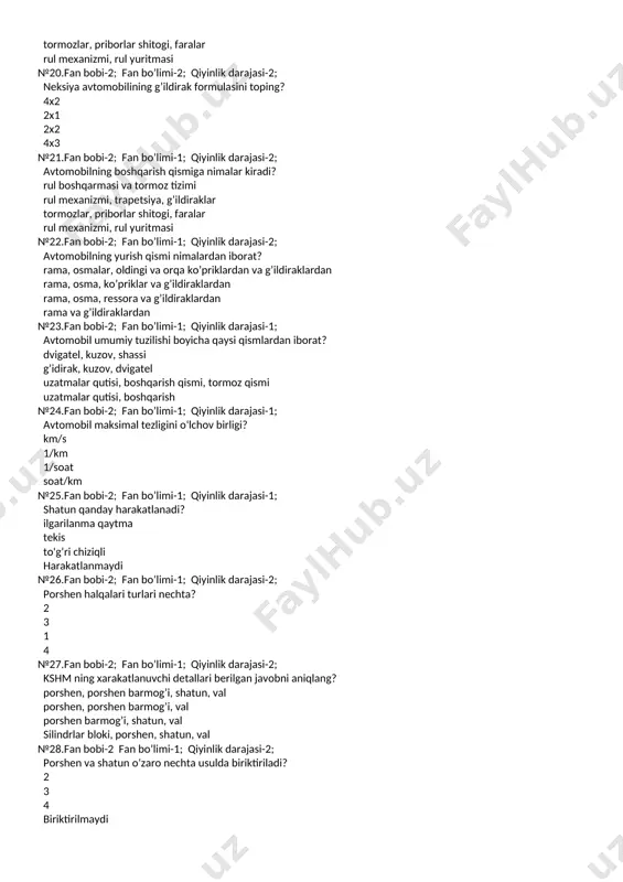 uzatmasi, yurish qismi va boshqarish tarmoqlari kuzov, motor va transmissiya kuzov, krivoship shatunli mexanizm va shassi №15.fan bobi-2; fan bo’limi-2; qiyinlik darajasi-1; avtomobil zavodlarida ishlab chiqarish turlari? donalab (yakka tartibd, seriyalab va ommaviy) ommaviy,universal va seriyalab donalab,maxsus va ommaviy maxsus,ommaviy va seriyalab №16.fan bobi-2; fan bo’limi-1; qiyinlik darajasi-2; yengil avtomobillarning klasslarini to‘liq ayting? mikrolitrajli, kichik litrajli, urtacha litrajli va katta litrajli. va katta litrajli. mikrolitrajli, kichik litrajli, urtacha litrajli kichik litrajli, o`rtacha litrajli №17.fan bobi-2; fan bo’limi-1; qiyinlik darajasi-1; yuk ko’tara olish qobmilyati 3,0...5,0 t bo’lgan yuk avtomobili qaysi klassga mansub? o’rtacha vazn kichik vazn katta vazn juda katta vazn №18.fan bobi-2; fan bo’limi-2; qiyinlik darajasi-3; avtomobil qanday qismlardan tashkil topgan? dvigatel, kuzov, shassi rul boshqarmasi, dvigatel, transmissiya dvigatel, osma, kuzov dvigatel, tormoz, rul va rama №19.fan bobi-1; fan bo’limi-2; qiyinlik darajasi-1; avtomobilning boshqarish qismiga nimalar kiradi? rul boshqarmasi va tormoz tizimi rul mexanizmi, trapetsiya, g’ildiraklar tormozlar, priborlar shitogi, faralar …